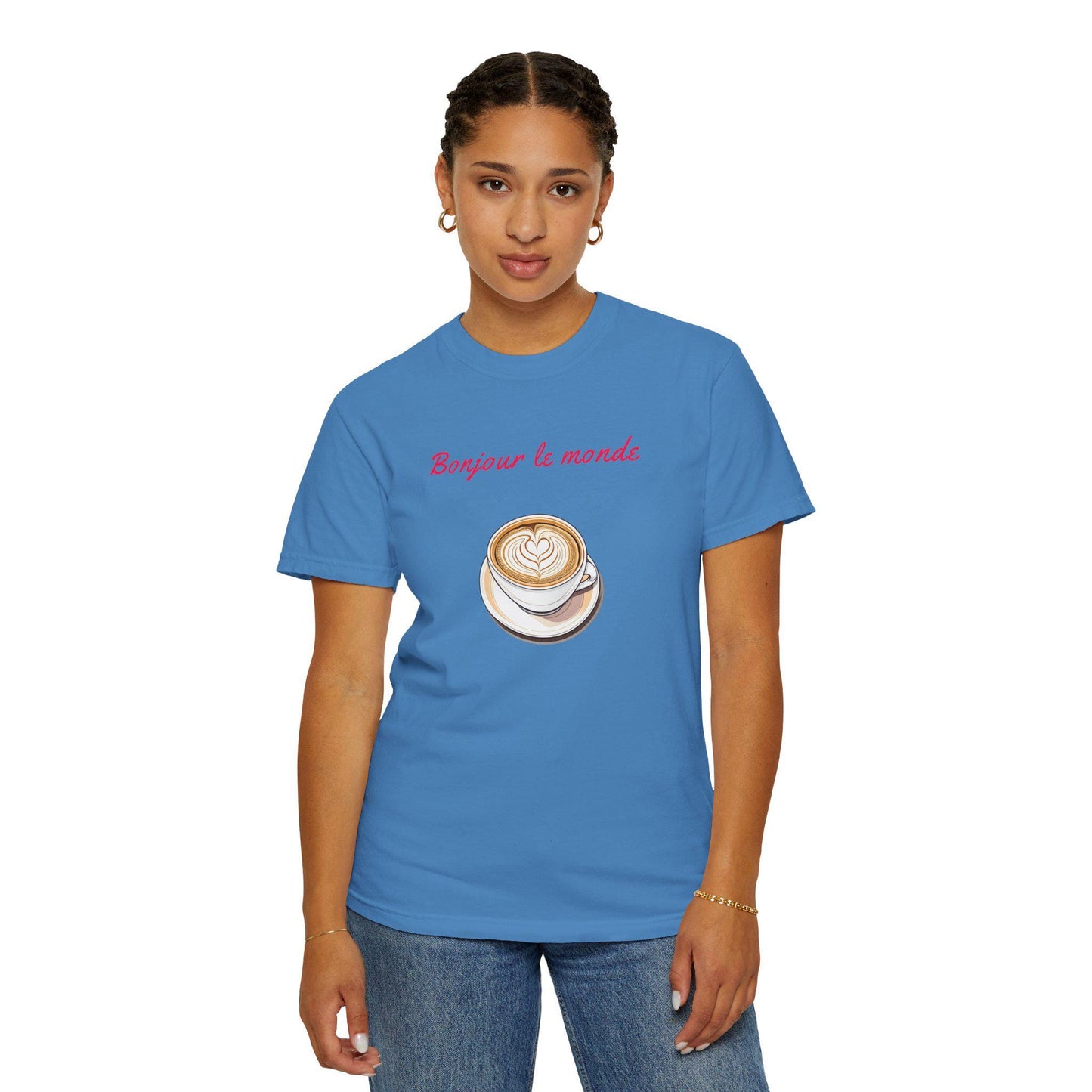 Bonjour le Monde Weekend Coffee T-Shirt, Unisex Tee, Vintage Aesthetic, Women Casual Wear, Gift for Coffee Lovers, Travel and Café Culture