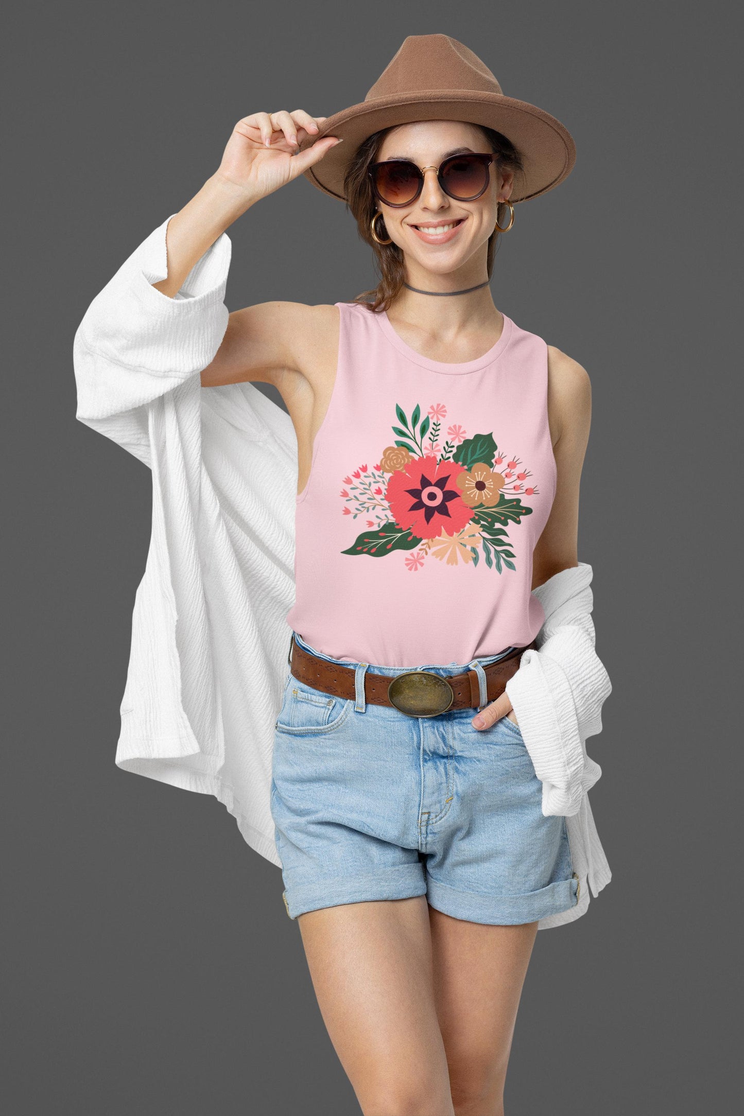 Boho Floral Tank Top, Soft Cotton Summer Tee, Boho Chic Top, Gift for Her, Casual Wear, Fun Vibes Shirt, Comfort Color, Summer Style Blouse,