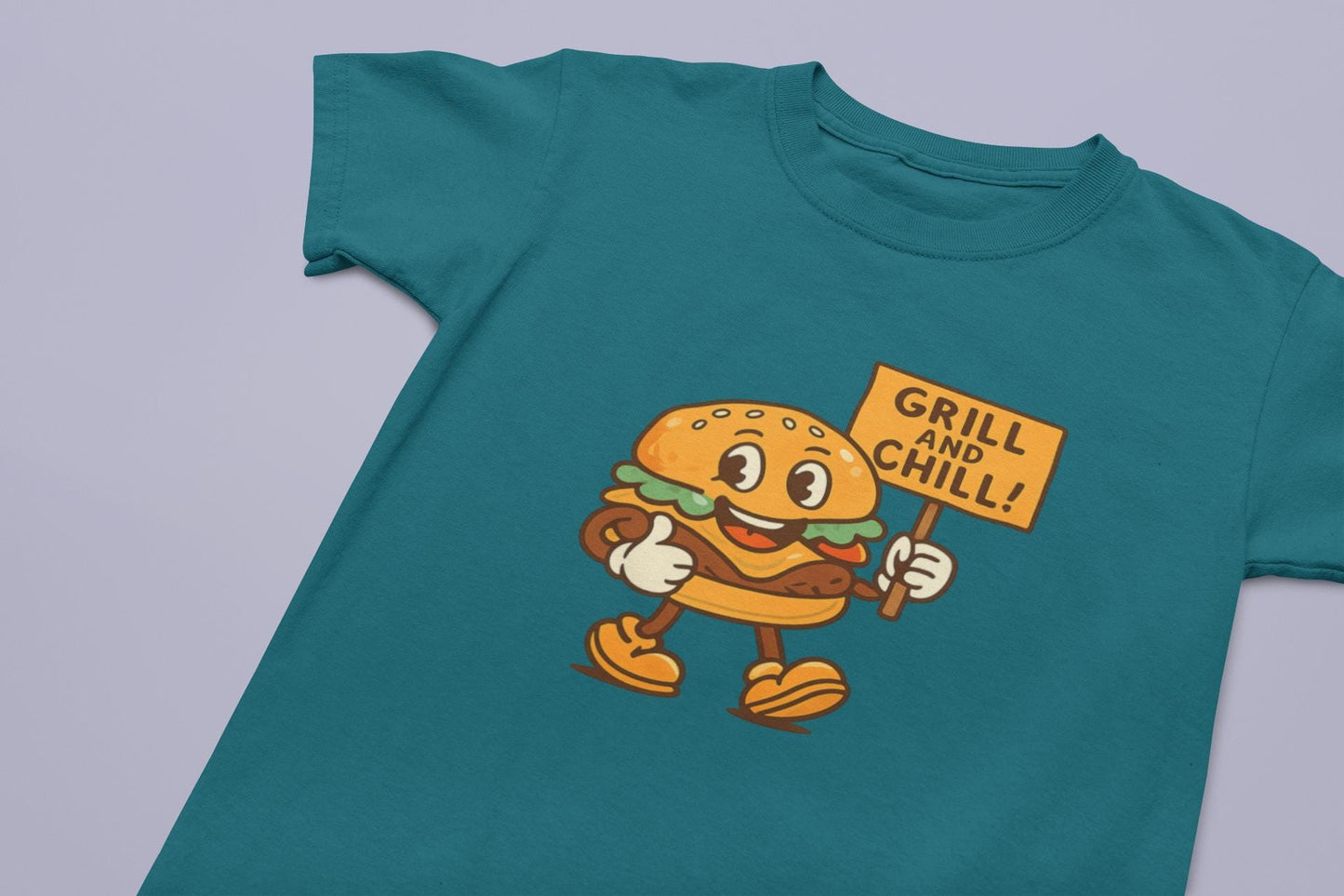 Kids Burger Grill & Chill TShirt, Fun Summer Tee, Party Apparel, Cartoon Graphic Kids Tee, Fun Gift for Little Chefs, Back to School Apparel