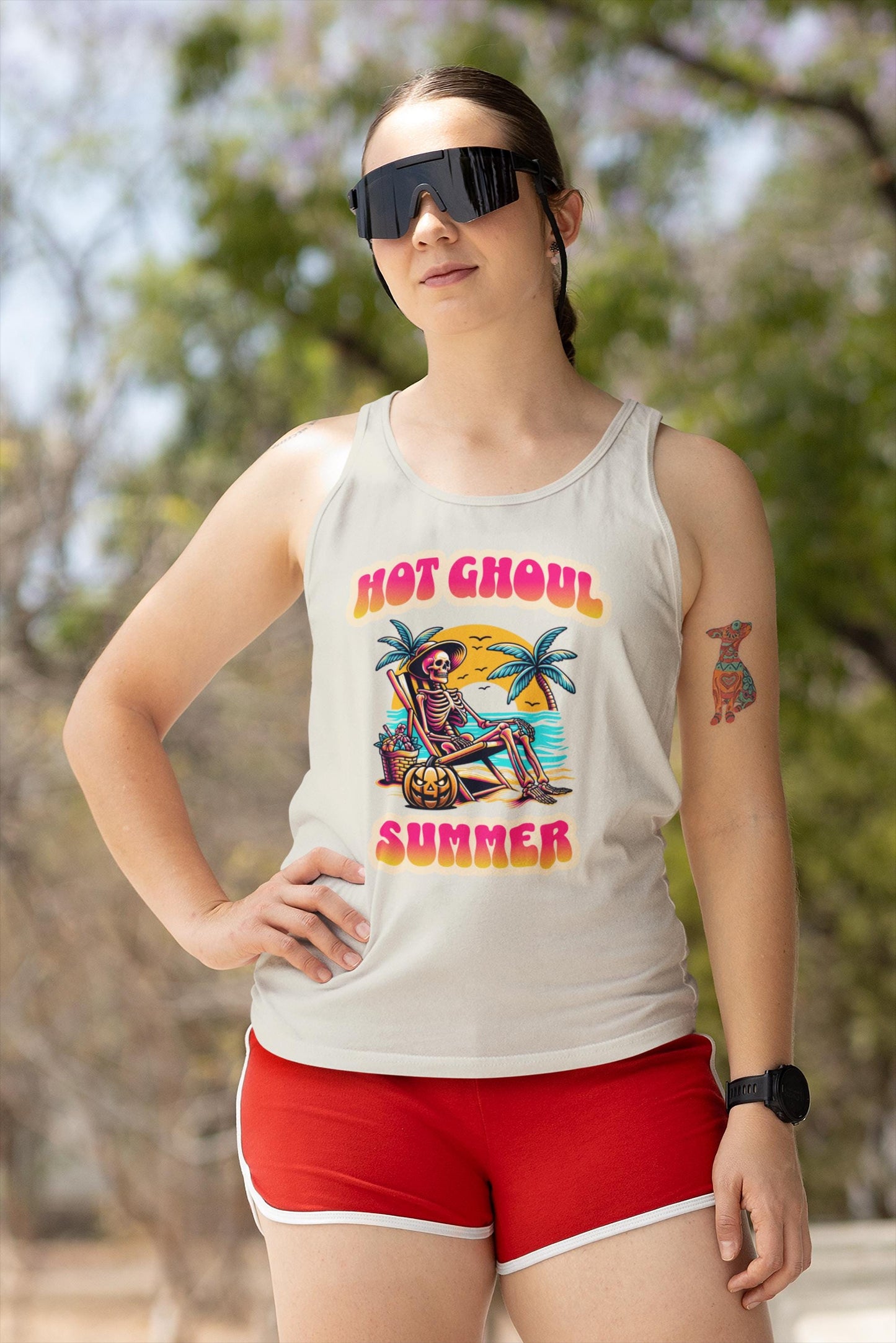 Summerween Hot Ghoul Summer Tank Top, Unisex Garment-Dyed Tank Top, Funny Monster Beach Party, Spooky Vacation Tank Top, Trendy Spooky Ghoul