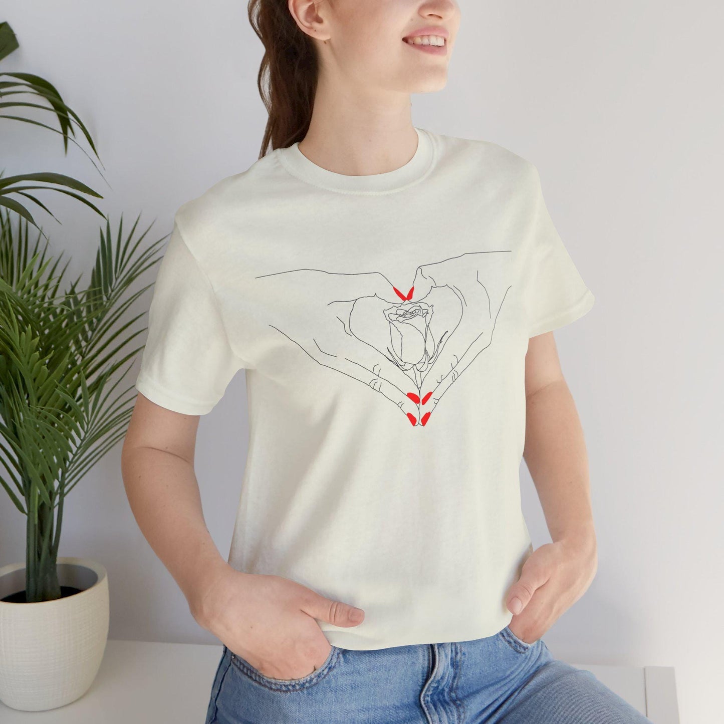 Heartfelt Unisex Jersey Tee - Perfect Gift for Valentine's Day, Casual Wear, Roses, Hand Heart, Trendy Style, Friendship, Thoughtful Present