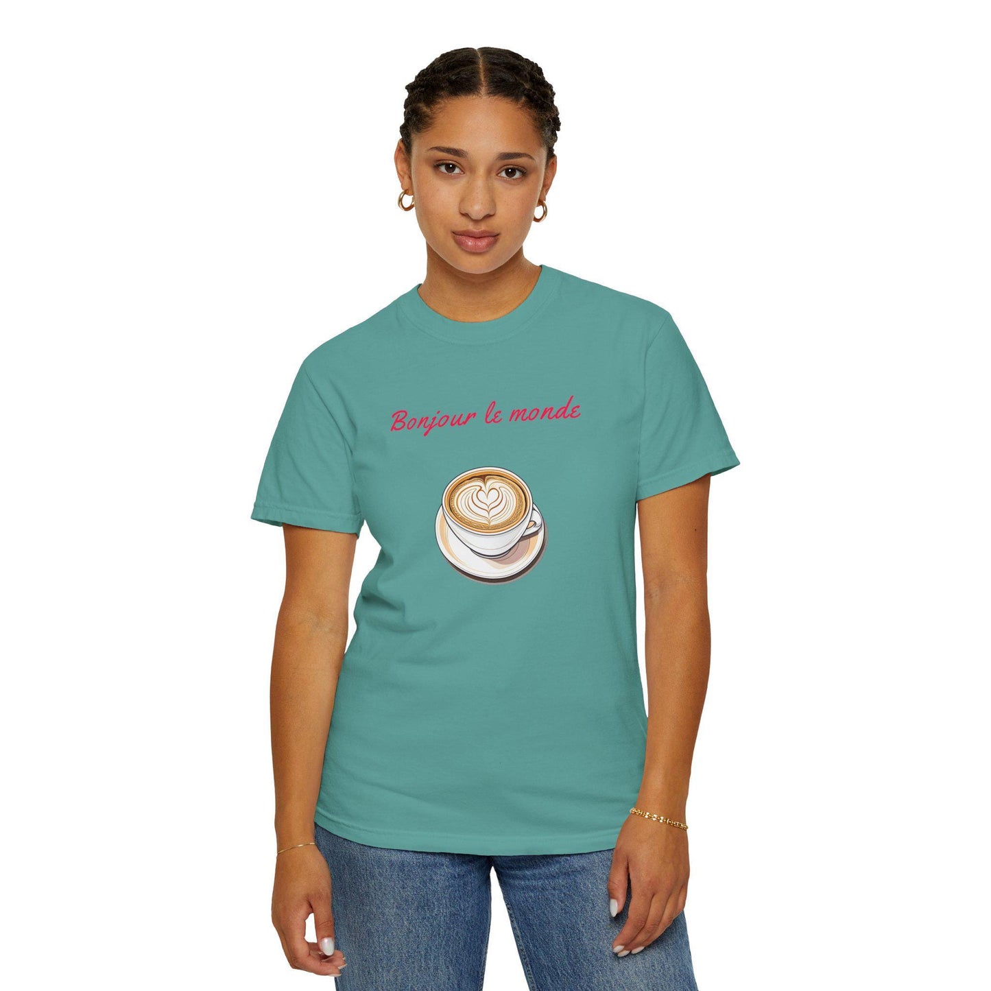 Bonjour le Monde Weekend Coffee T-Shirt, Unisex Tee, Vintage Aesthetic, Women Casual Wear, Gift for Coffee Lovers, Travel and Café Culture