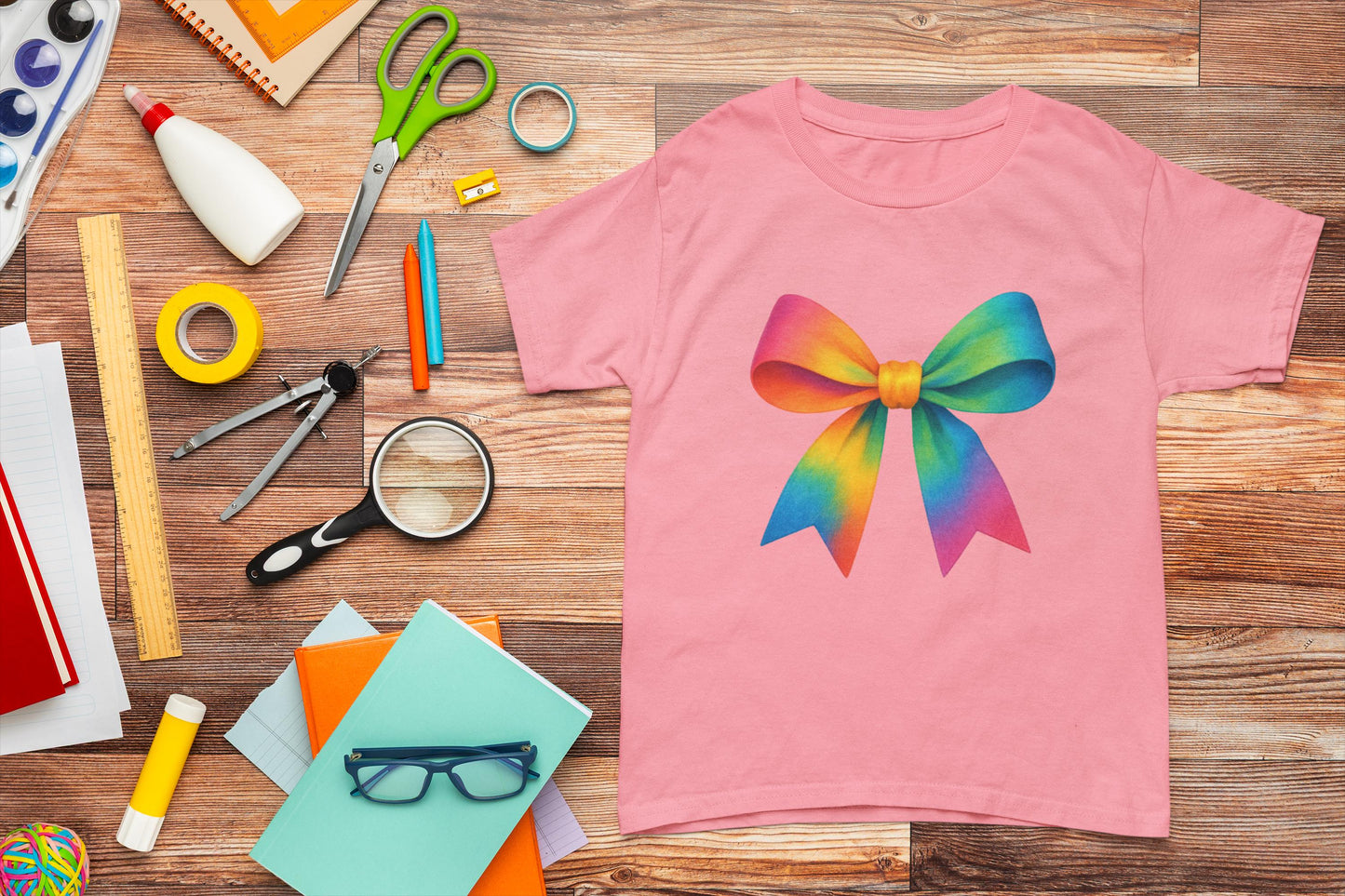 Colorful Rainbow Bow Youth TShirt, Back To School Student Tee, First Day Of School Shirts, Elementary , Middle, High School Shirt for Girls