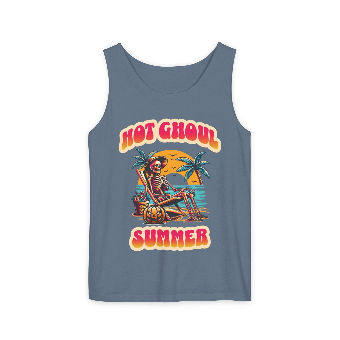 Summerween Hot Ghoul Summer Tank Top, Unisex Garment-Dyed Tank Top, Funny Monster Beach Party, Spooky Vacation Tank Top, Trendy Spooky Ghoul