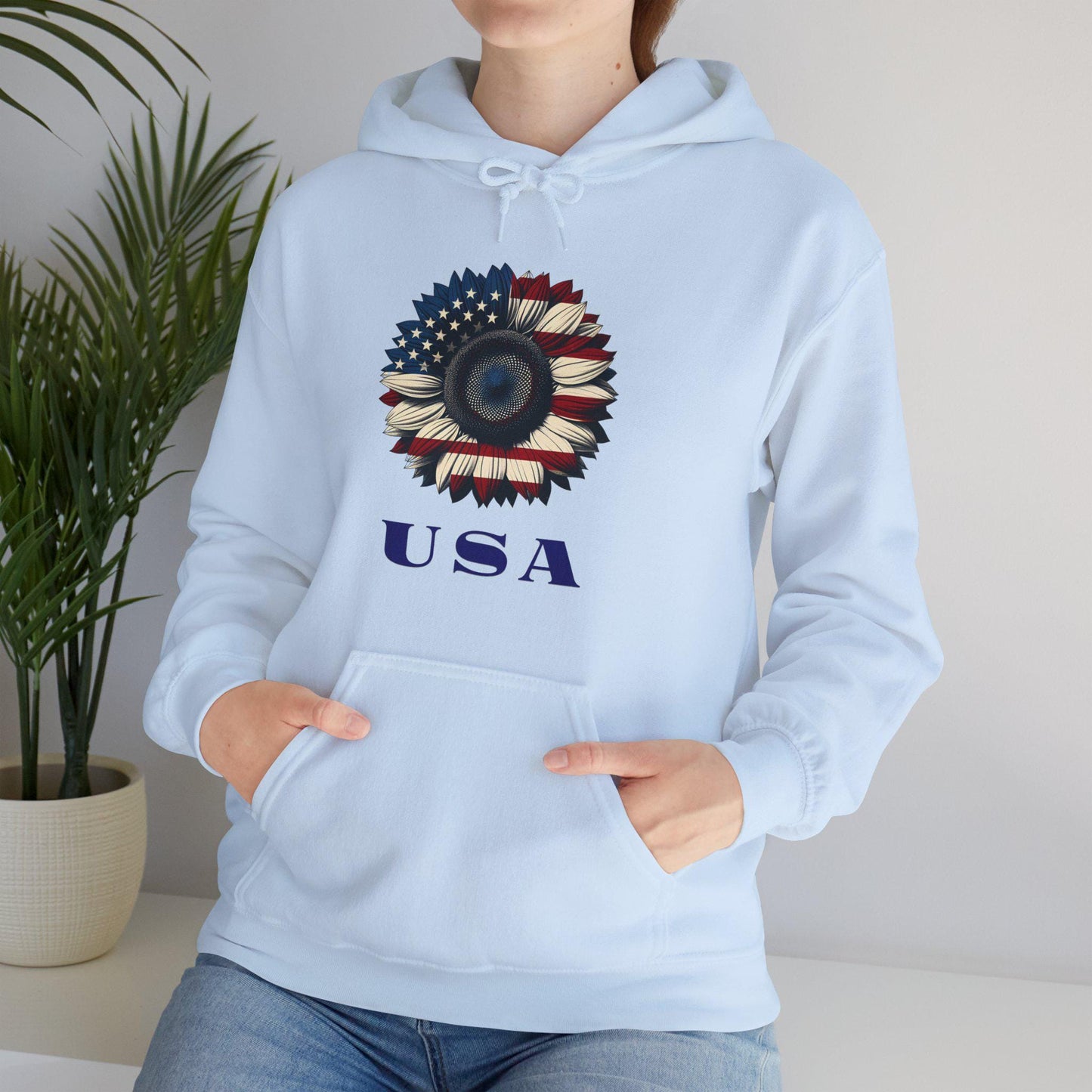 Patriotic USA Hoodie, Unisex Heavy Blend™ Sweatshirt, American Flag Apparel, 4th of July Gift, Cozy Casual Wear Sunflower Hoodie