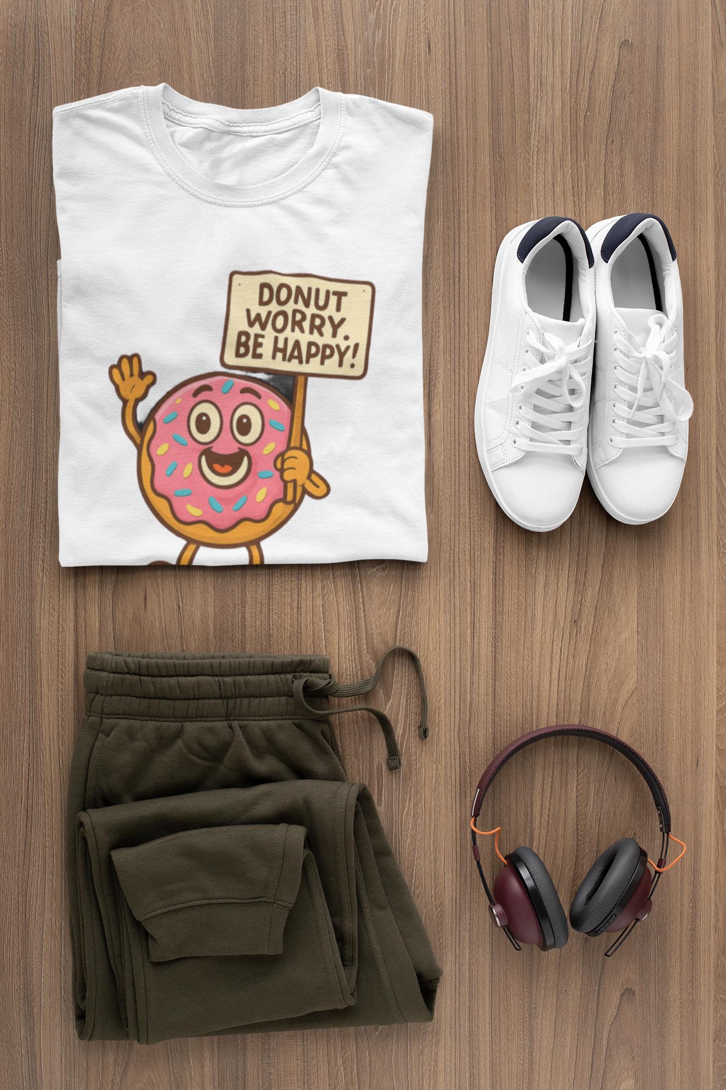 Donut Worry Be Happy T-Shirt - Fun and Inspirational Graphic Tee for Food Lovers, Perfect for Gifts, Casual Wear, Birthday, and Celebrations