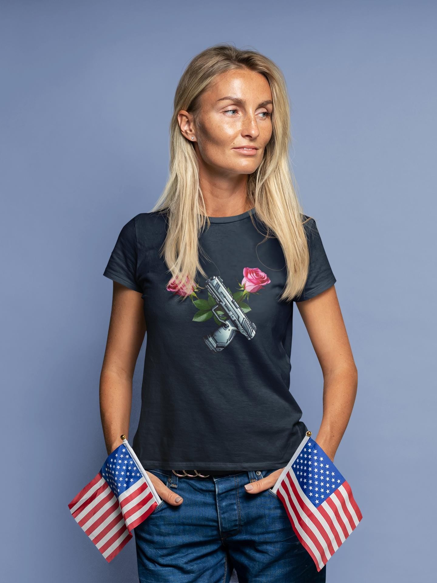 Gun and Rose Graphic Tee, Second Amendment Rights T-Shirt, Girls Just Wanna Have Guns Shirt, Pistol and Roses Design, 2A Rights Comfort
