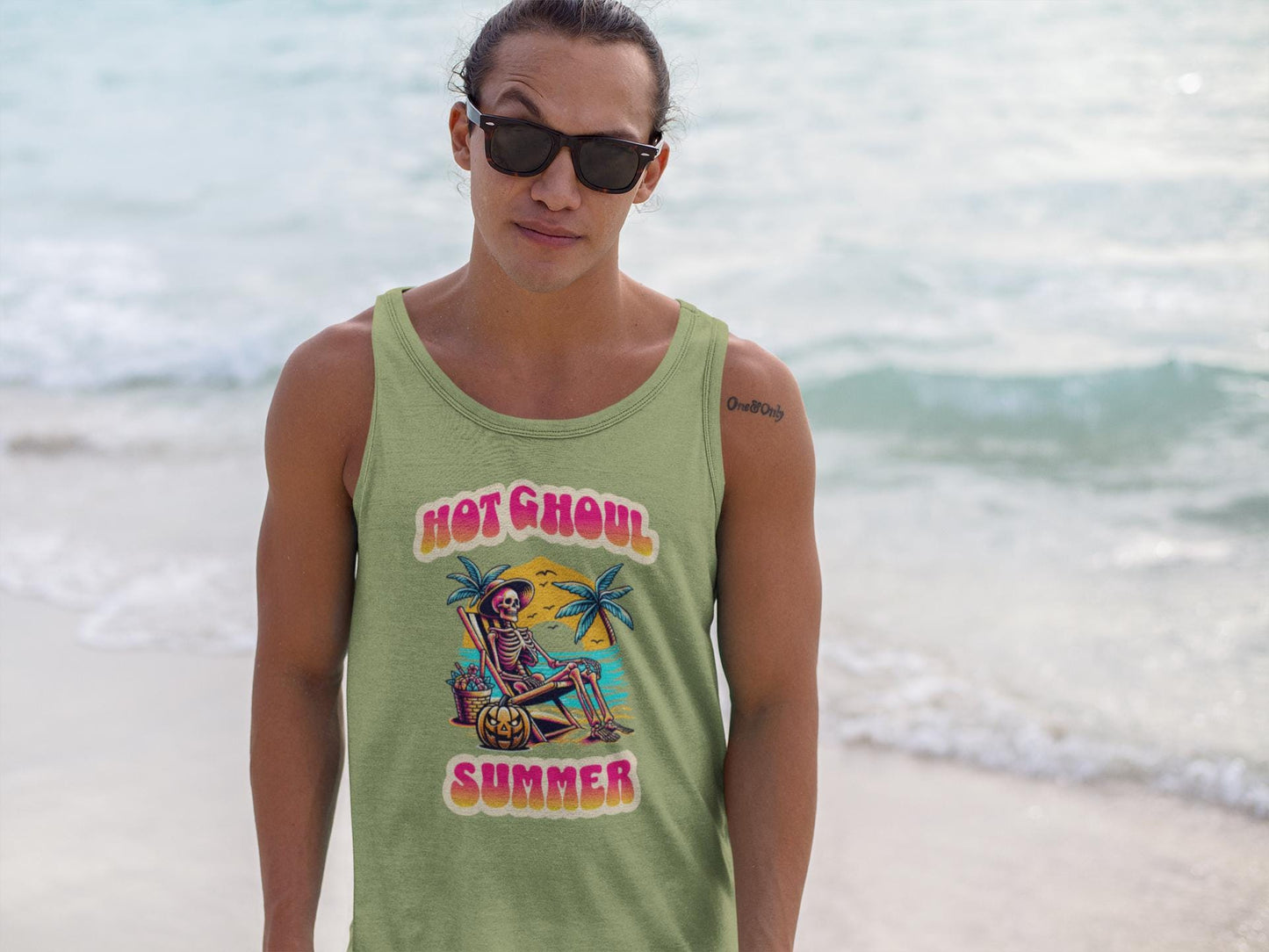 Summerween Hot Ghoul Summer Tank Top, Unisex Garment-Dyed Tank Top, Funny Monster Beach Party, Spooky Vacation Tank Top, Trendy Spooky Ghoul