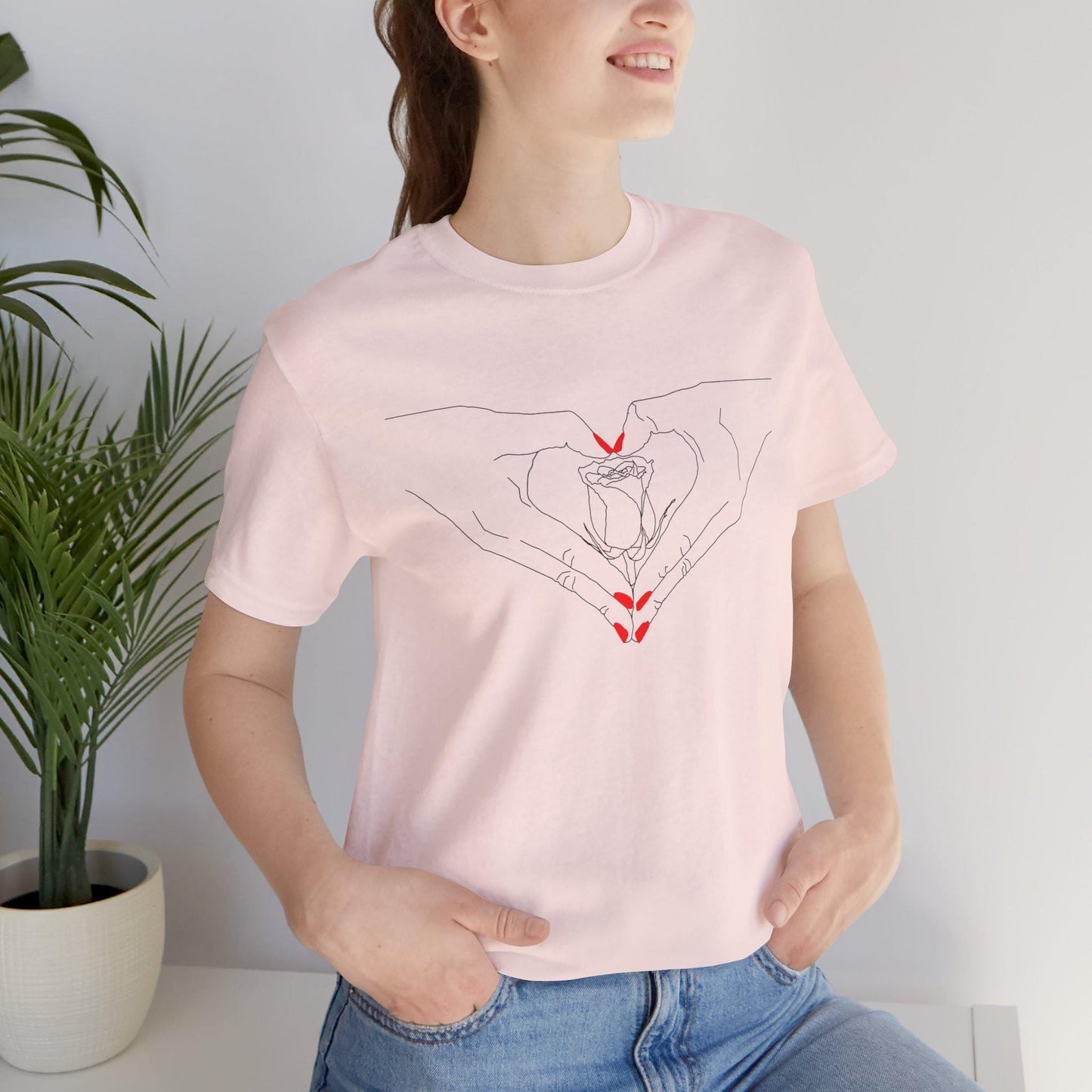 Heartfelt Unisex Jersey Tee - Perfect Gift for Valentine's Day, Casual Wear, Roses, Hand Heart, Trendy Style, Friendship, Thoughtful Present
