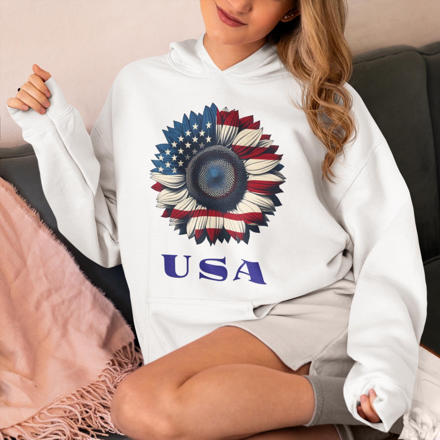 Patriotic USA Hoodie, Unisex Heavy Blend™ Sweatshirt, American Flag Apparel, 4th of July Gift, Cozy Casual Wear Sunflower Hoodie