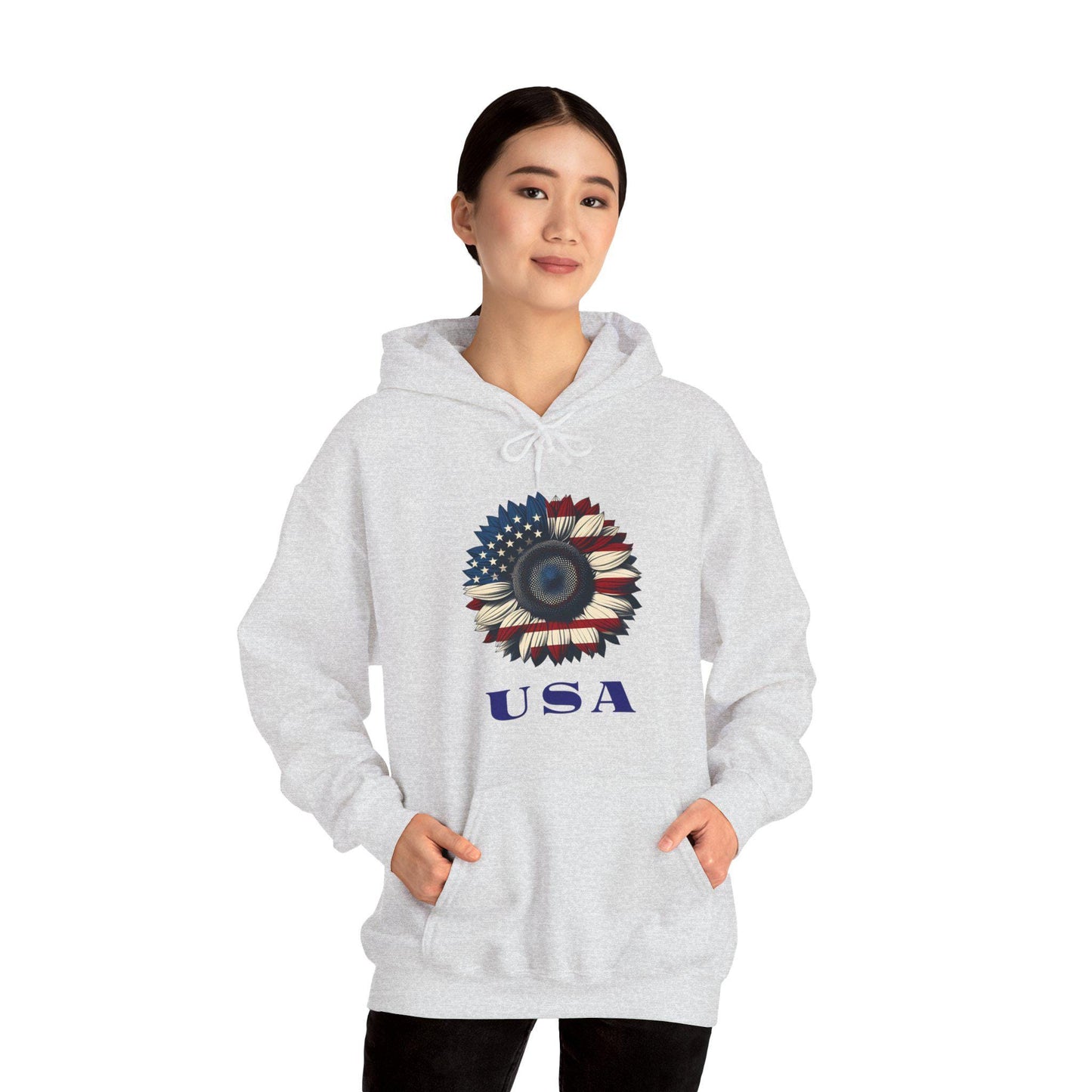 Patriotic USA Hoodie, Unisex Heavy Blend™ Sweatshirt, American Flag Apparel, 4th of July Gift, Cozy Casual Wear Sunflower Hoodie