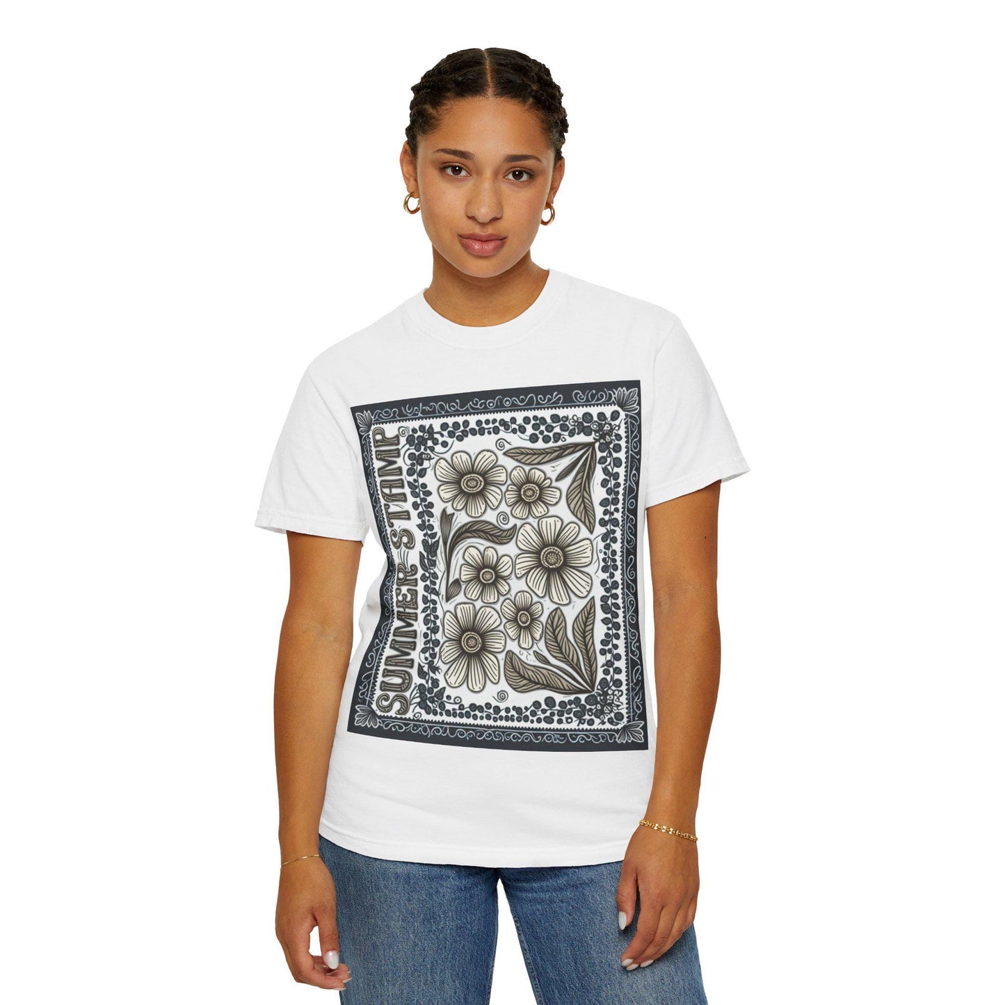 Summer Stamp Boho Daisy Flower T-Shirt | Unisex Garment-Dyed Tee for Casual Wear, Gifting, Beach Days, Spring Events, Eco-Friendly Fashion