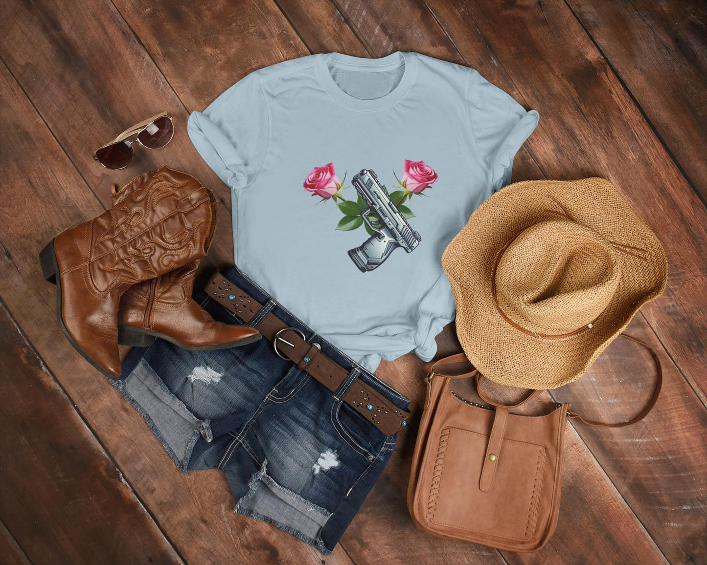 Gun and Rose Graphic Tee, Second Amendment Rights T-Shirt, Girls Just Wanna Have Guns Shirt, Pistol and Roses Design, 2A Rights Comfort