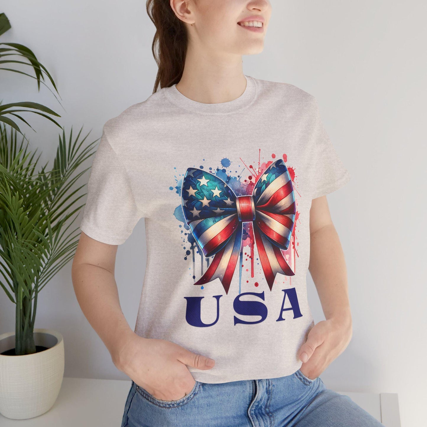 Patriotic Bow Tee, USA Pride Shirt, Fourth of July Apparel, Casual Summer Top, Independence Day Gift, Unisex Graphic Tee