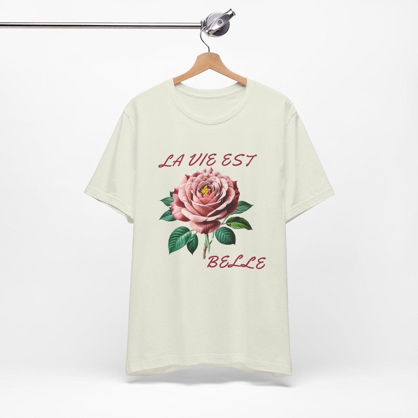 Rose-Inspired 'La Vie Est Belle' Unisex Jersey Tee, Floral T-Shirt, Gift for Her, Casual Wear, Summer Style, Inspirational Apparel
