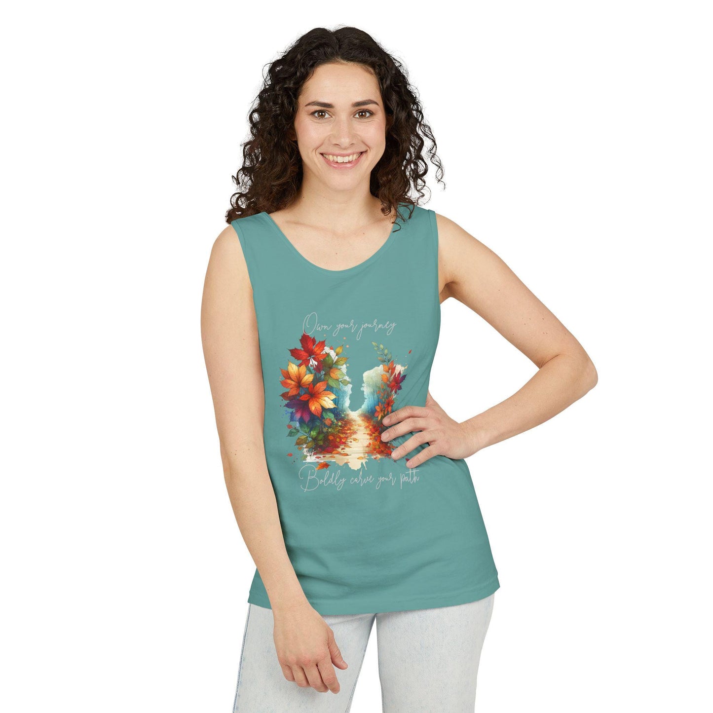Colorful Autumn Tank Top, Own Your Journey & Boldly Carve Your Path Top, Nature Vibe, Inspiring Boho Casual Wear Top, Comfort Colors