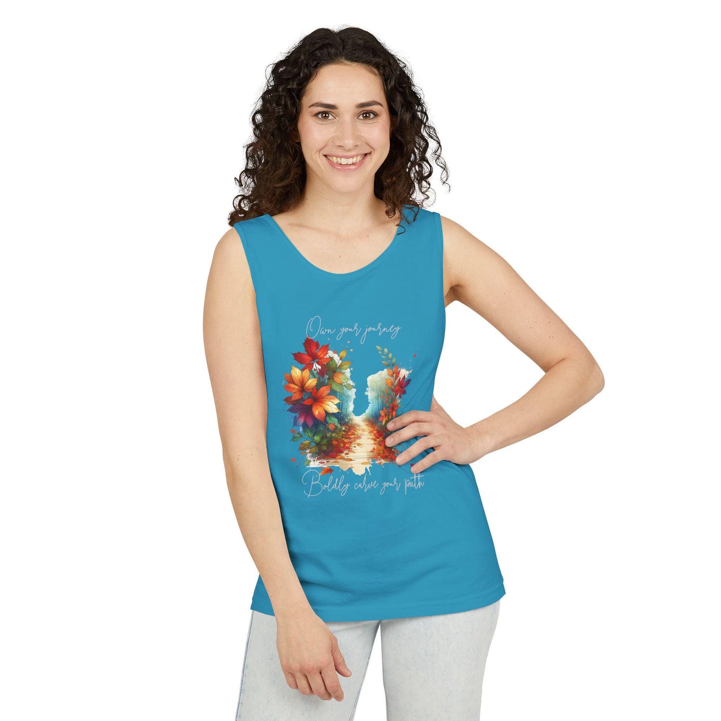 Colorful Autumn Tank Top, Own Your Journey & Boldly Carve Your Path Top, Nature Vibe, Inspiring Boho Casual Wear Top, Comfort Colors