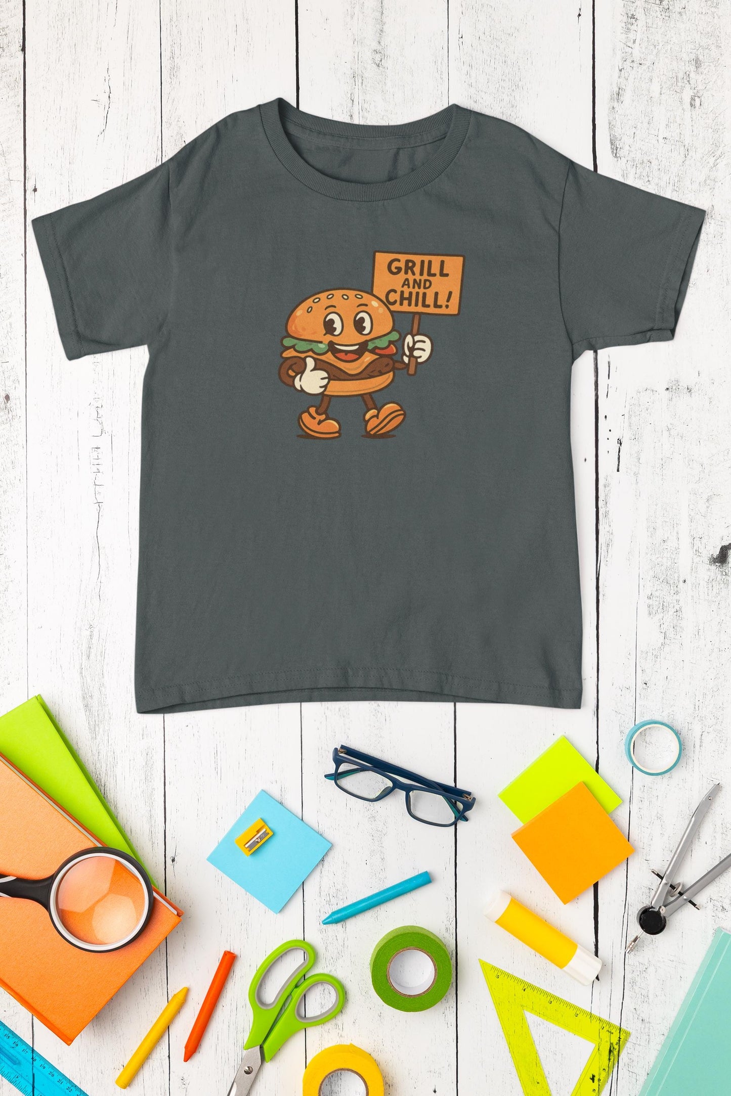 Kids Burger Grill & Chill TShirt, Fun Summer Tee, Party Apparel, Cartoon Graphic Kids Tee, Fun Gift for Little Chefs, Back to School Apparel