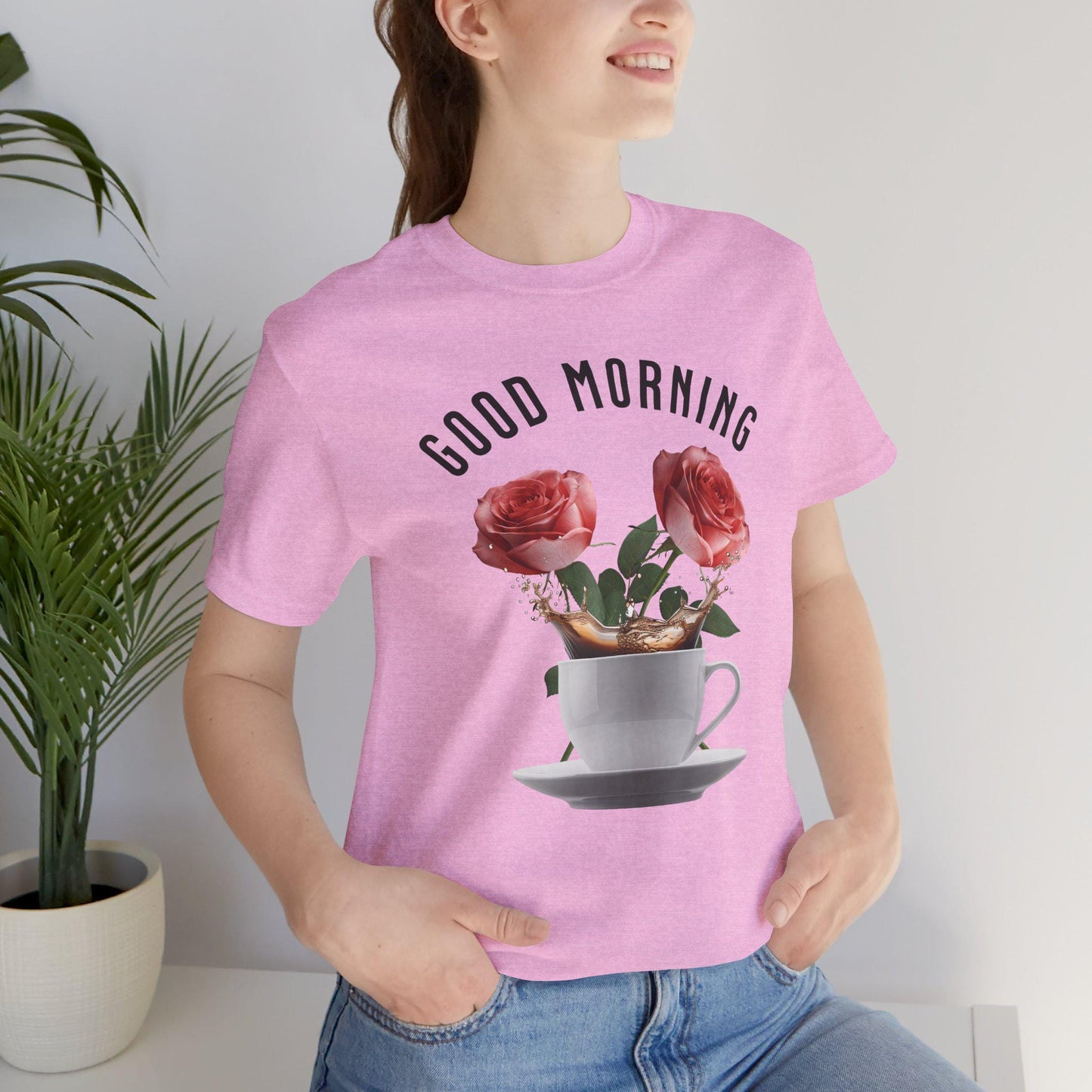 Good Morning Floral Coffee Tee, Unisex Jersey Short Sleeve Tee, Inspirational Gift, Birthday Gift, Casual Wear, Spring Vibes