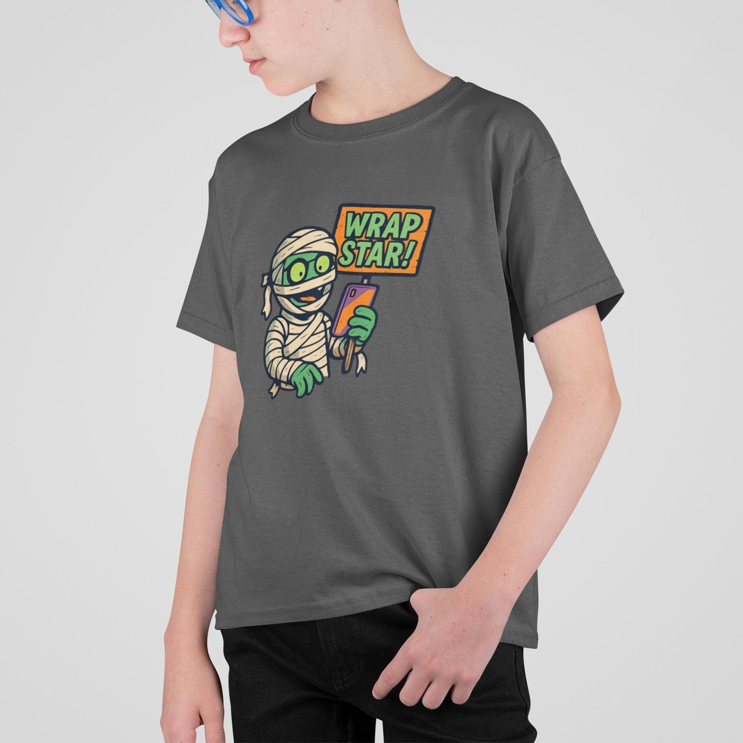 Youth Mummy Wrap Star Tee - Fun Halloween Shirt, Kids' Costume Tee, Cute Ghost Tee, Spooky Party Outfit, Trick or Treat Top Back to School