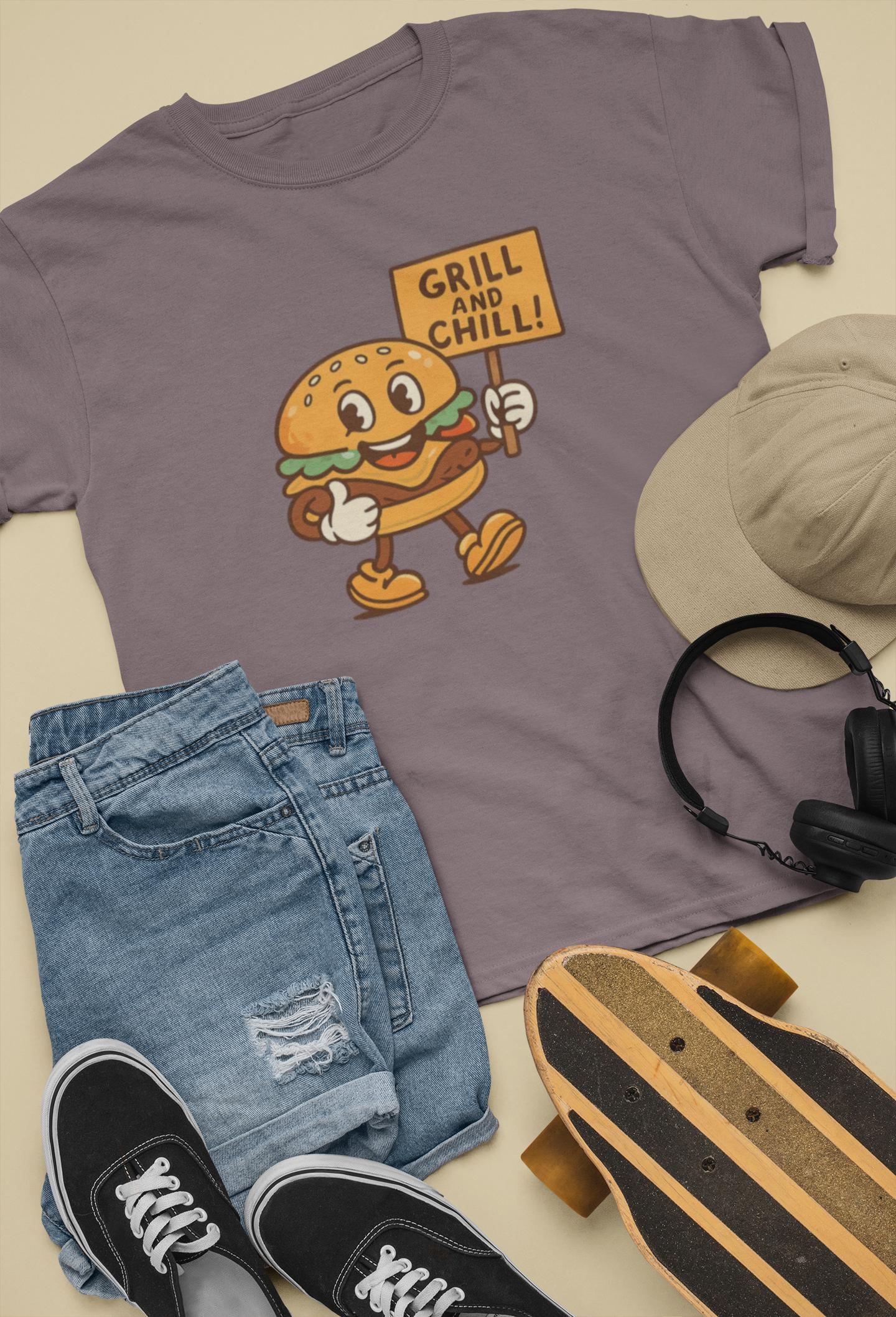 Kids Burger Grill & Chill TShirt, Fun Summer Tee, Party Apparel, Cartoon Graphic Kids Tee, Fun Gift for Little Chefs, Back to School Apparel