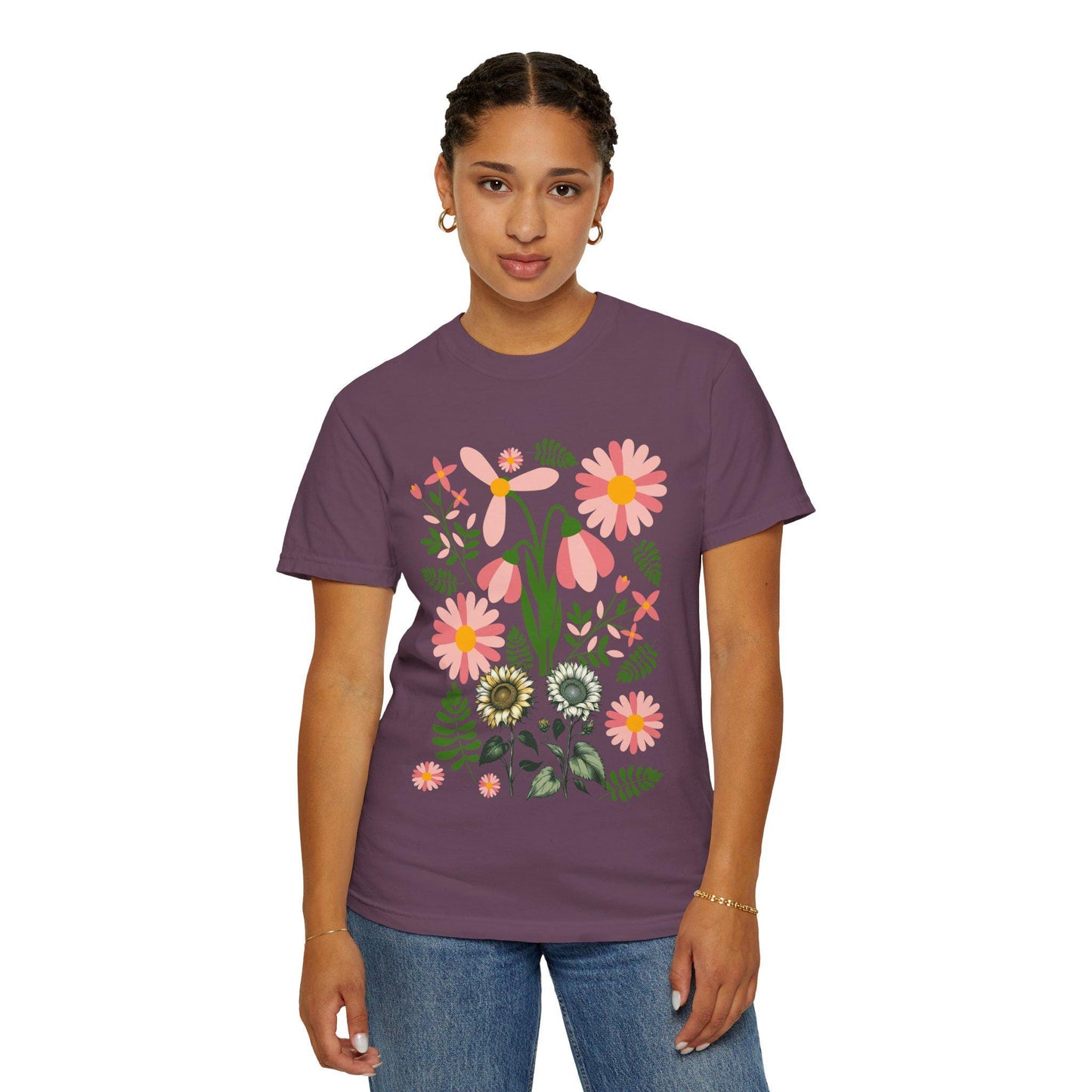 Boho Daisy Flower Tee Shirt, Boho Floral Garden, Comfort Colors Wildflower T-Shirt, Summer Style, Casual Tee, Trendy Flower Print Shirt