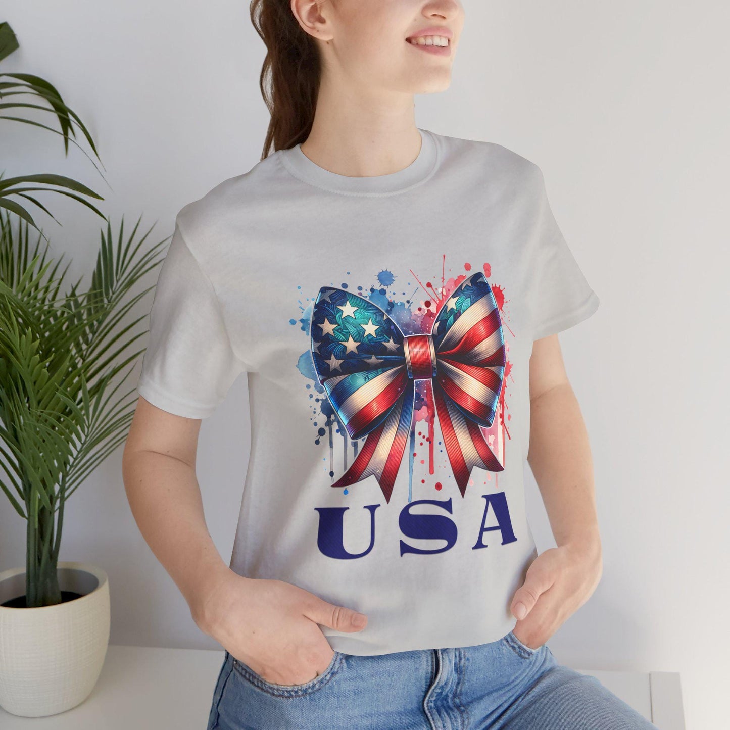 Patriotic Bow Tee, USA Pride Shirt, Fourth of July Apparel, Casual Summer Top, Independence Day Gift, Unisex Graphic Tee