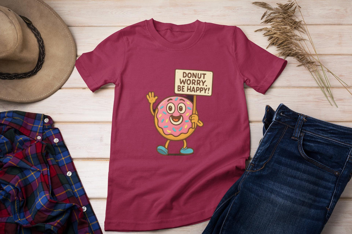 Donut Worry Be Happy T-Shirt - Fun and Inspirational Graphic Tee for Food Lovers, Perfect for Gifts, Casual Wear, Birthday, and Celebrations