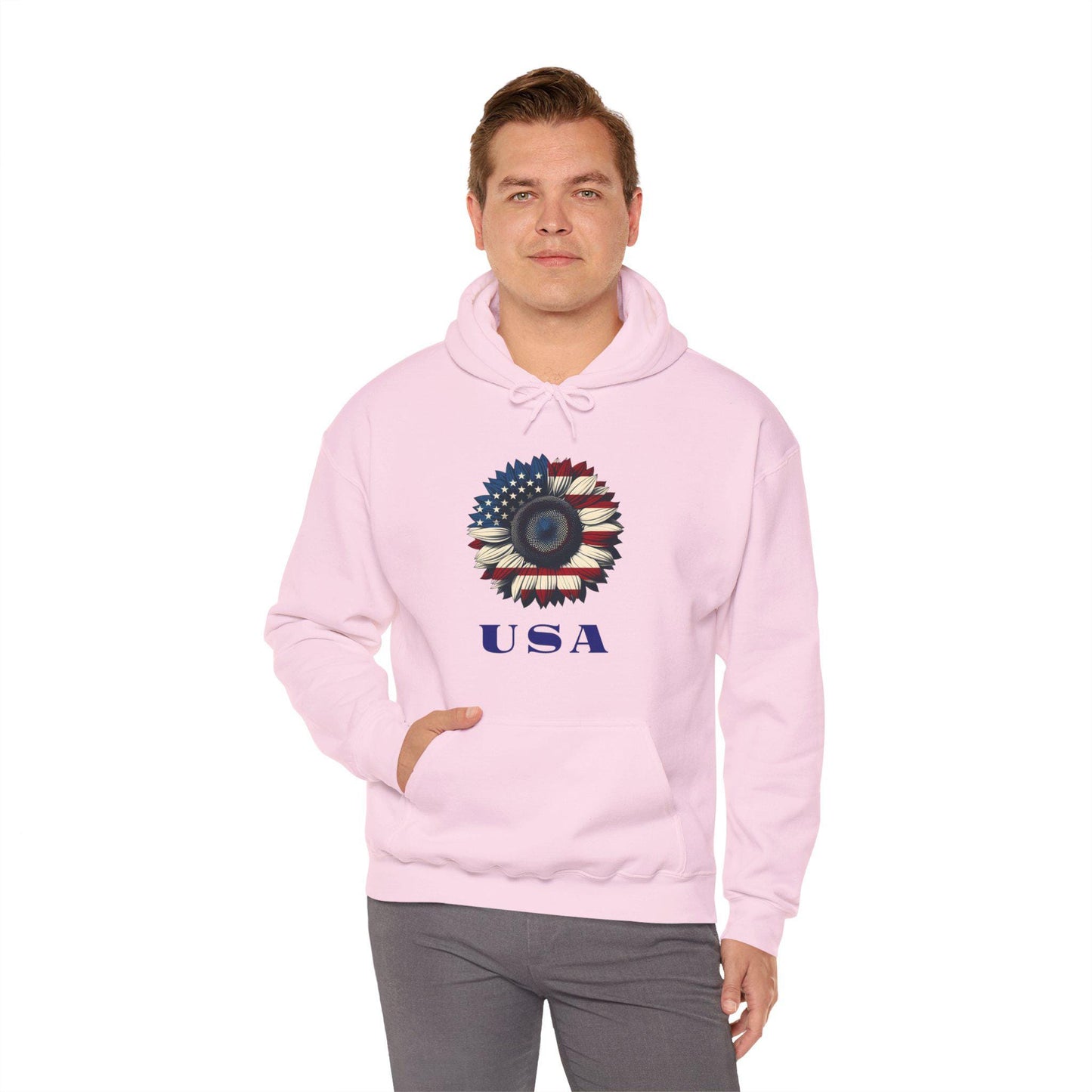 Patriotic USA Hoodie, Unisex Heavy Blend™ Sweatshirt, American Flag Apparel, 4th of July Gift, Cozy Casual Wear Sunflower Hoodie
