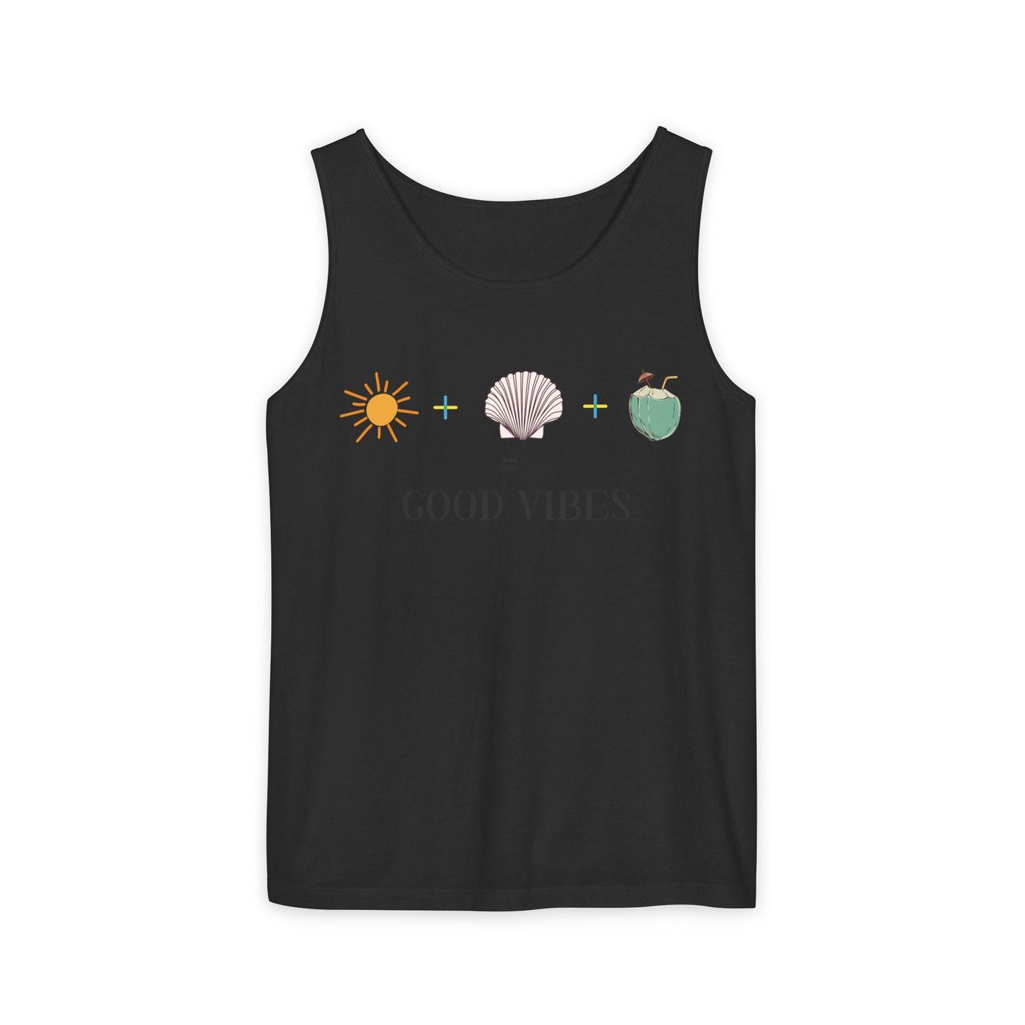 Sun Salt Sand Coconut Tank Top, Beach Vibes Graphic Tee, Summer Essentials for Casual Wear, Unisex Garment-Dyed Tank, Fun Holiday Weekend