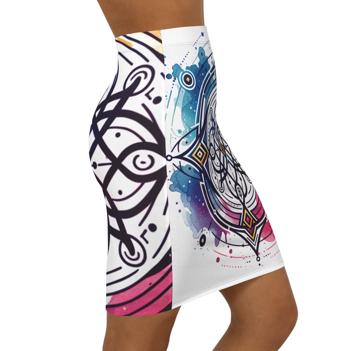 Women's Colorful Mandala Pencil Skirt, Stylish Mid-Waisted Boho Skirt for Casual Outings, Vibrant Summer Fashion, AOP Design, Neodiverse