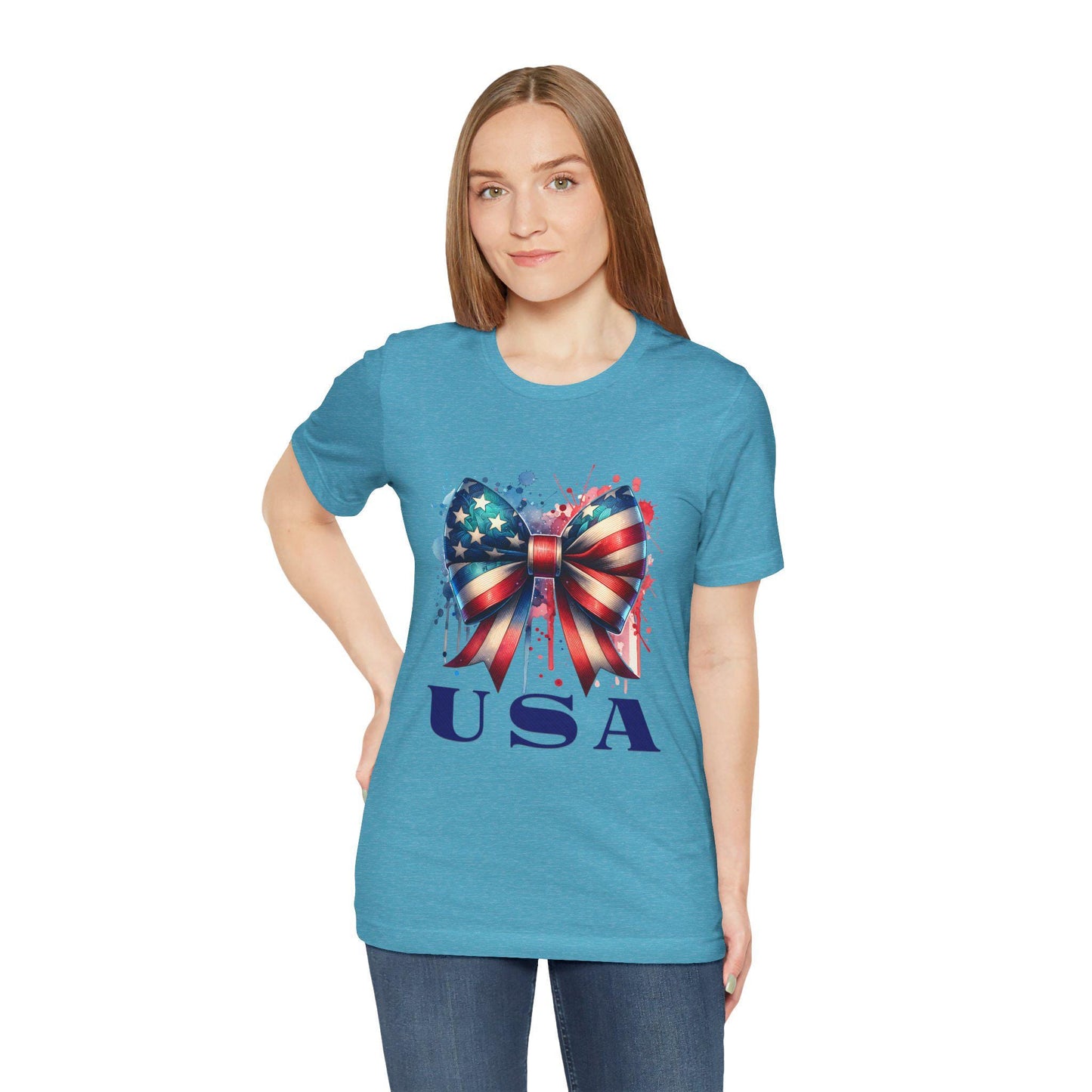 Patriotic Bow Tee, USA Pride Shirt, Fourth of July Apparel, Casual Summer Top, Independence Day Gift, Unisex Graphic Tee