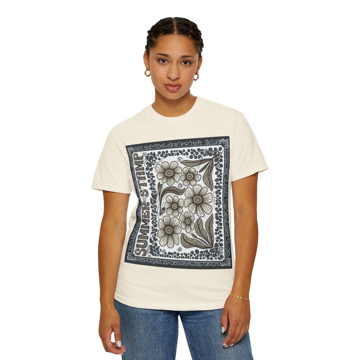 Summer Stamp Boho Daisy Flower T-Shirt | Unisex Garment-Dyed Tee for Casual Wear, Gifting, Beach Days, Spring Events, Eco-Friendly Fashion