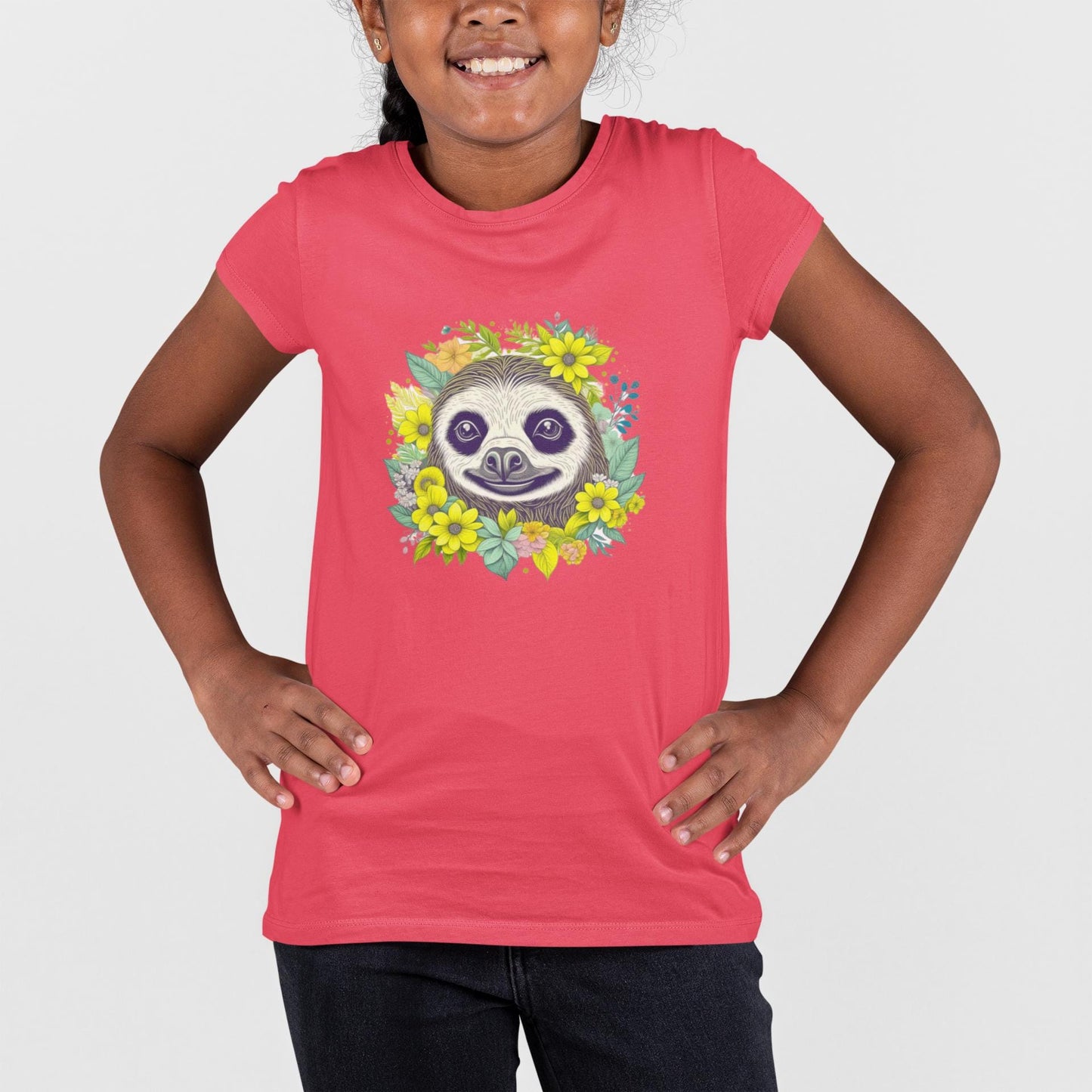 Kids Floral Sloth Graphic Tee - "Sloth" Design, Fun Shirt for Children, Summer Clothing, Gift for Kids, Party Wear, Boho Natural Kids Tee