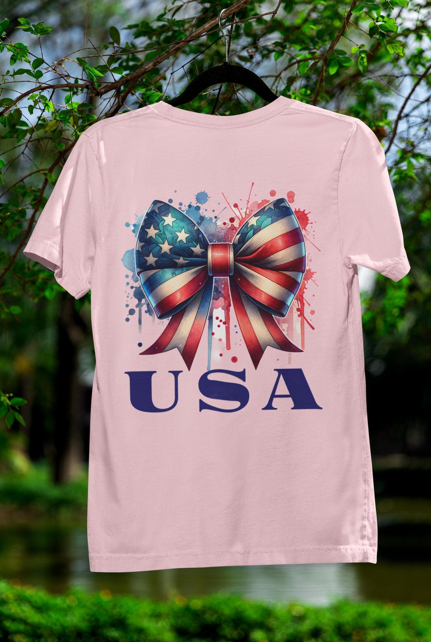 Patriotic Bow Tee, USA Pride Shirt, Fourth of July Apparel, Casual Summer Top, Independence Day Gift, Unisex Graphic Tee