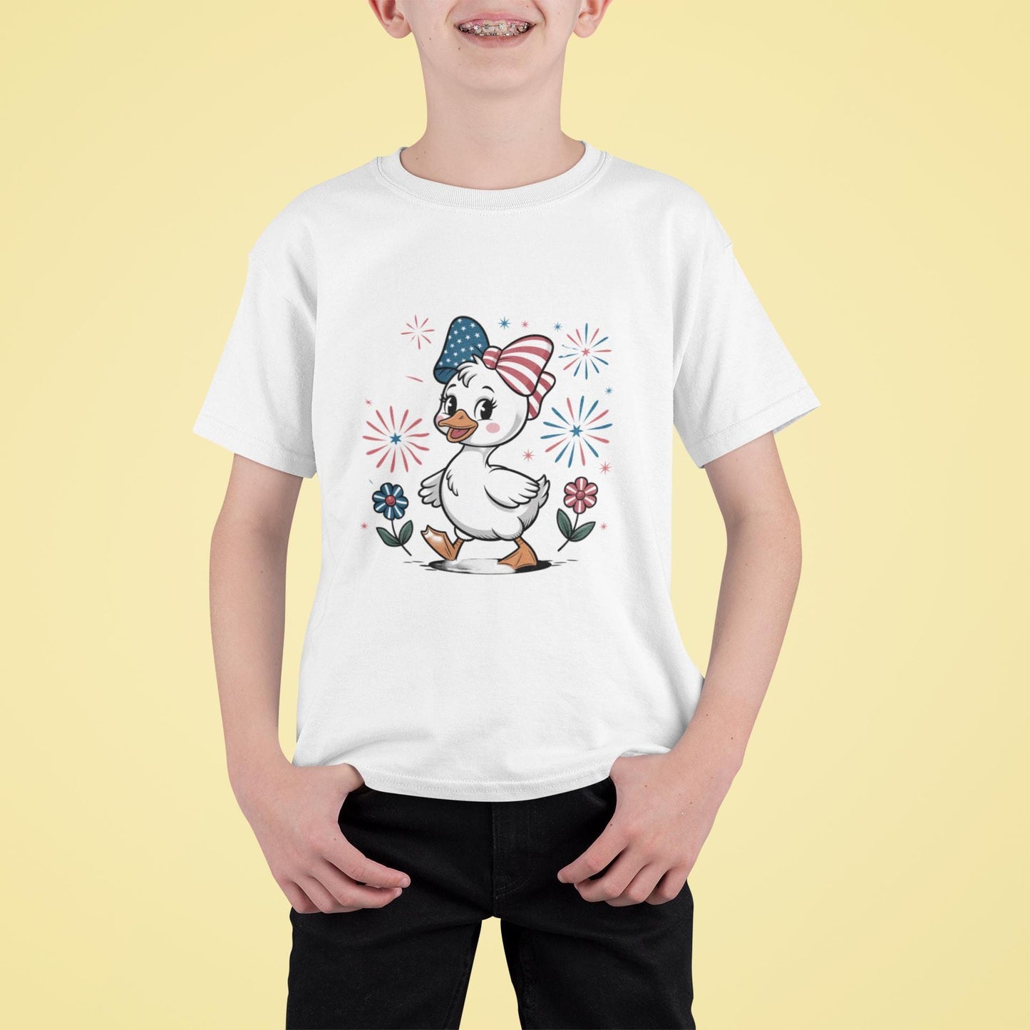 Kids Patriotic Duck T-Shirt, Boy and Girl Graphic Tee for July 4th, Summer BBQ, Independence Day, Red White Blue, Comfort Colors Wear.