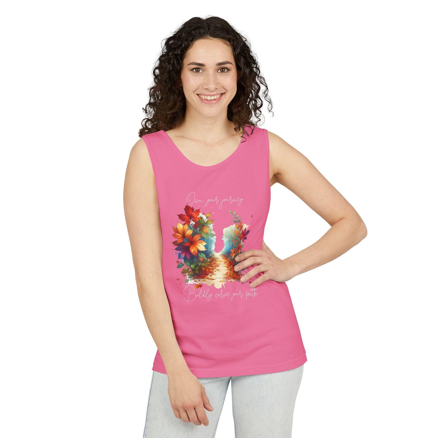 Colorful Autumn Tank Top, Own Your Journey & Boldly Carve Your Path Top, Nature Vibe, Inspiring Boho Casual Wear Top, Comfort Colors