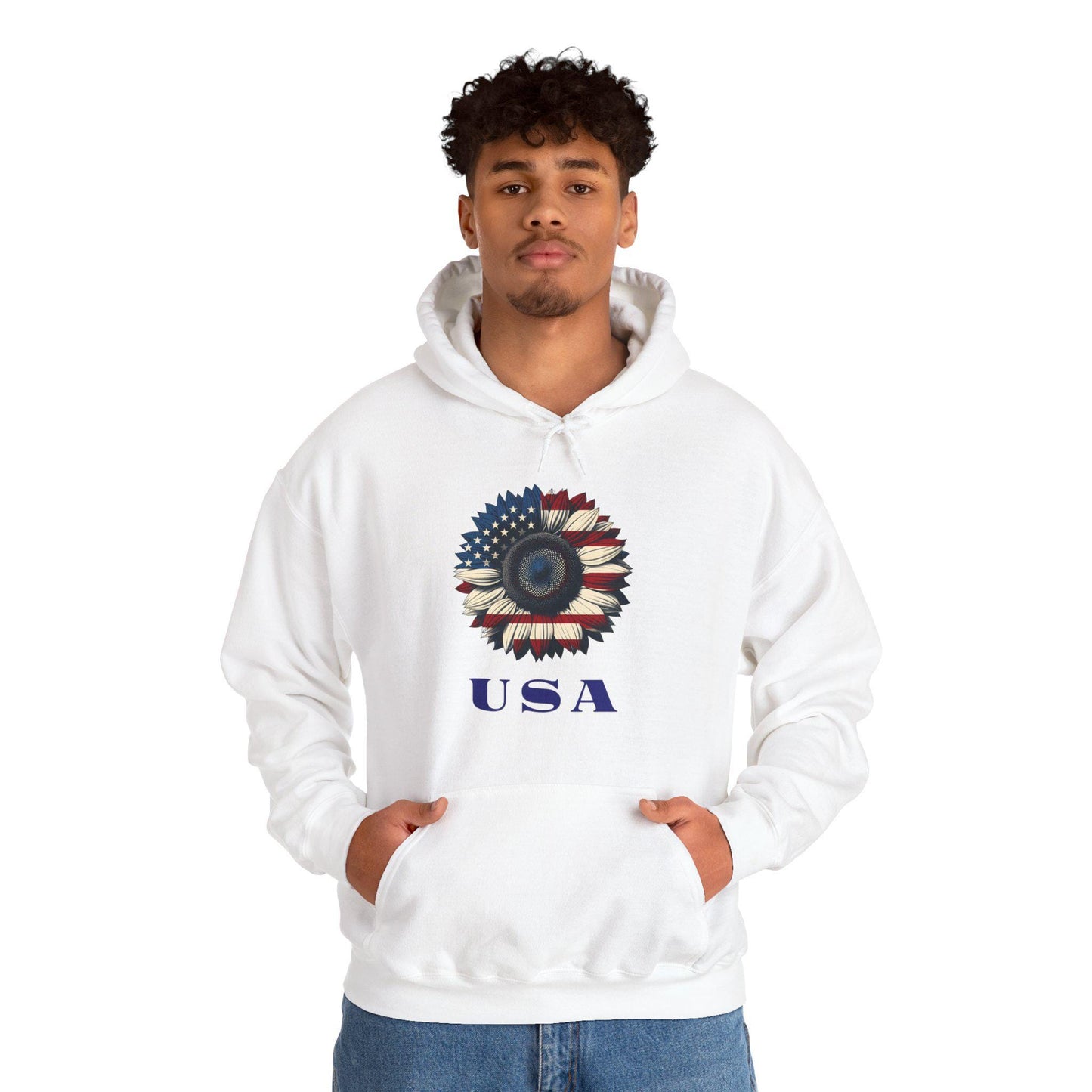 Patriotic USA Hoodie, Unisex Heavy Blend™ Sweatshirt, American Flag Apparel, 4th of July Gift, Cozy Casual Wear Sunflower Hoodie