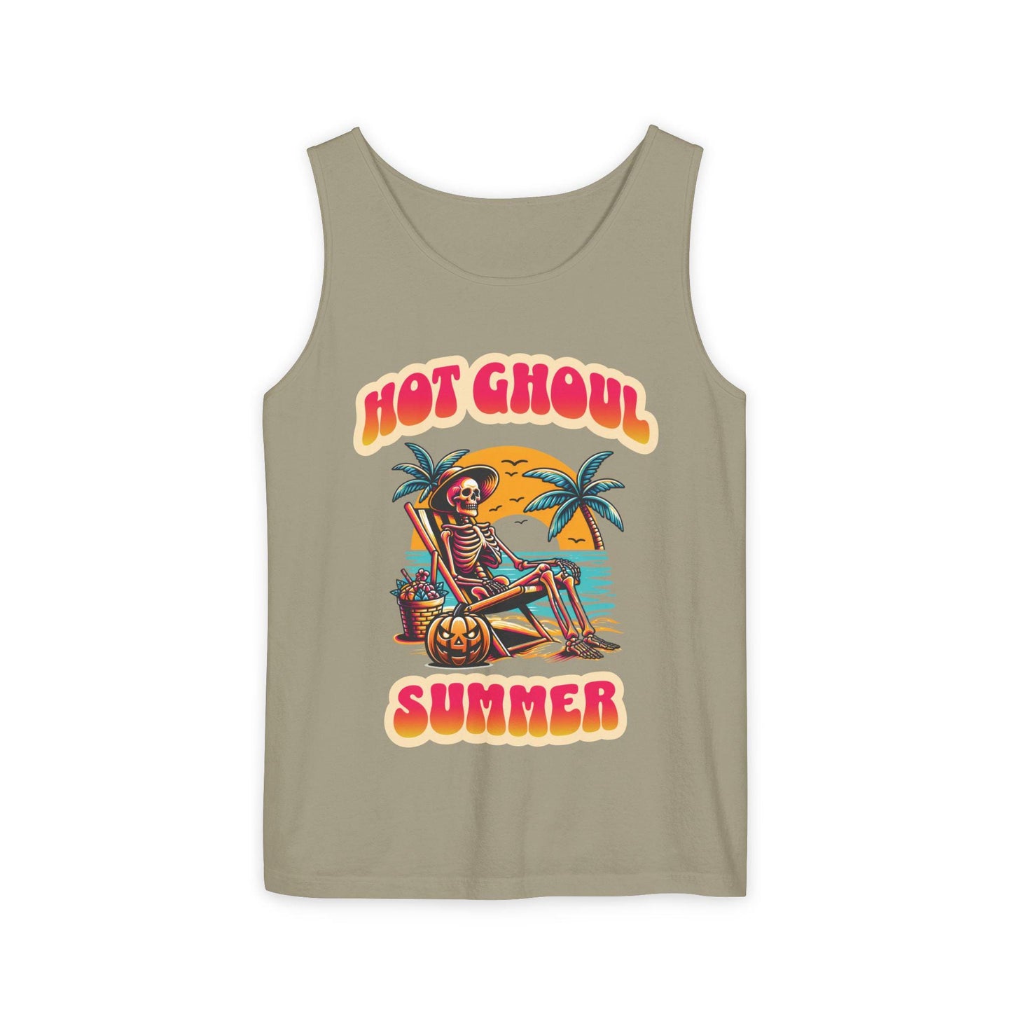 Summerween Hot Ghoul Summer Tank Top, Unisex Garment-Dyed Tank Top, Funny Monster Beach Party, Spooky Vacation Tank Top, Trendy Spooky Ghoul