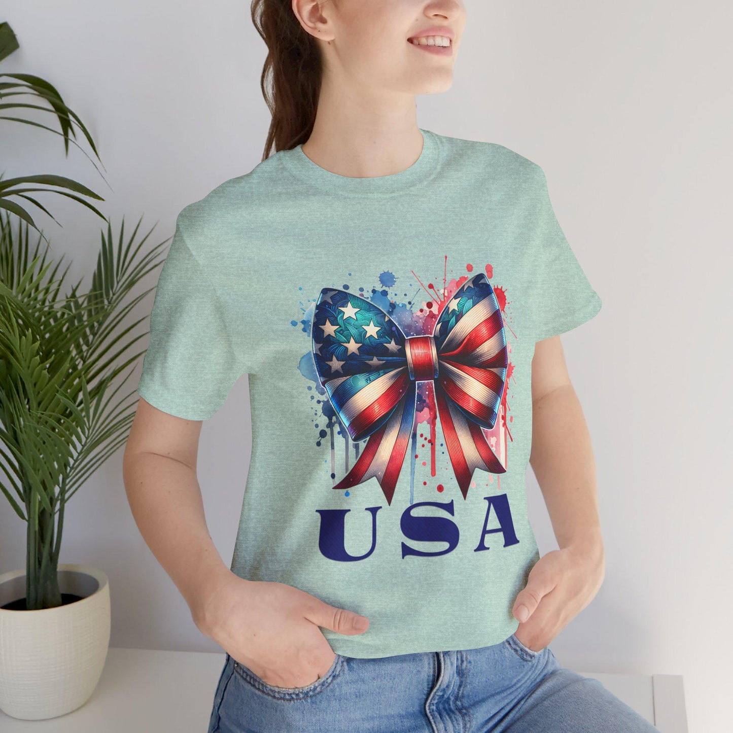 Patriotic Bow Tee, USA Pride Shirt, Fourth of July Apparel, Casual Summer Top, Independence Day Gift, Unisex Graphic Tee