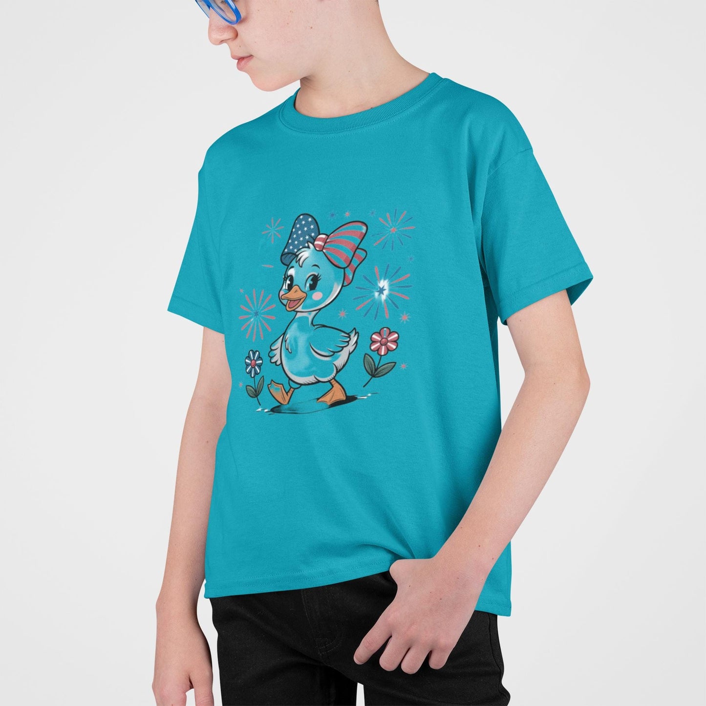Kids Patriotic Duck T-Shirt, Boy and Girl Graphic Tee for July 4th, Summer BBQ, Independence Day, Red White Blue, Comfort Colors Wear.