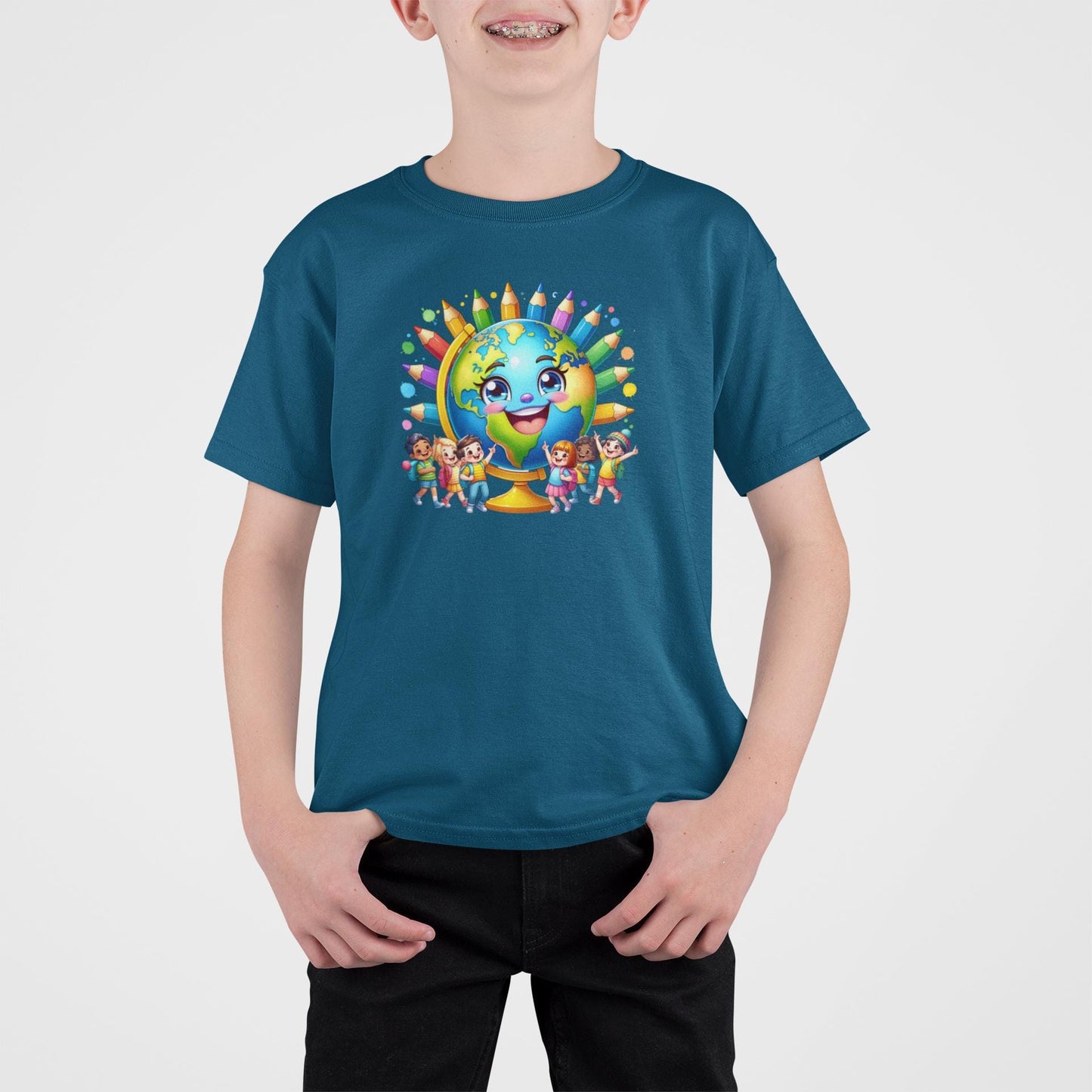 Kids Back to School T-Shirt, Cheerful Globe Graphic Tee, Fun Shirt for Children, Cool Back to School Clothing for Him and her, Gift For Kids