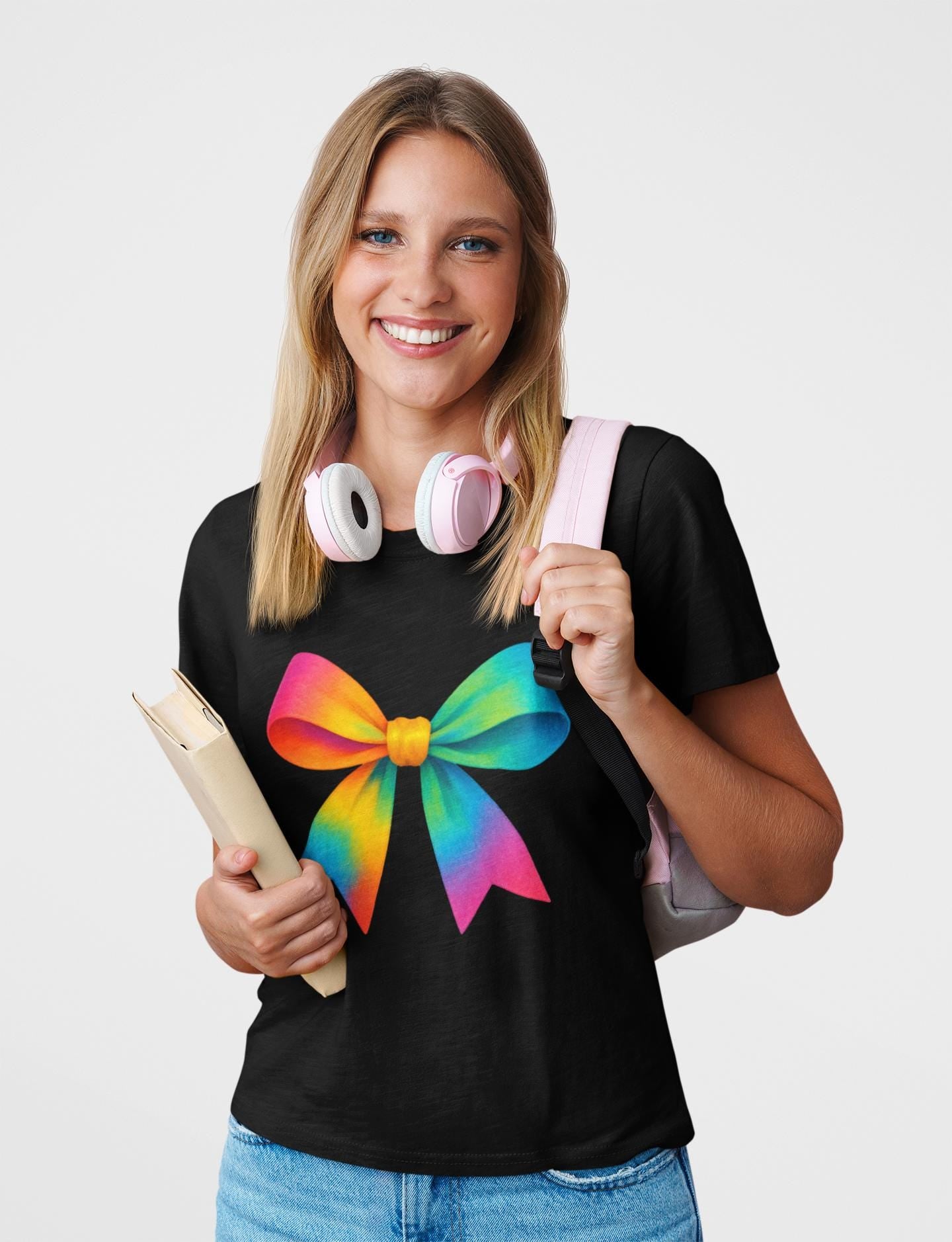 Colorful Rainbow Bow Youth TShirt, Back To School Student Tee, First Day Of School Shirts, Elementary , Middle, High School Shirt for Girls
