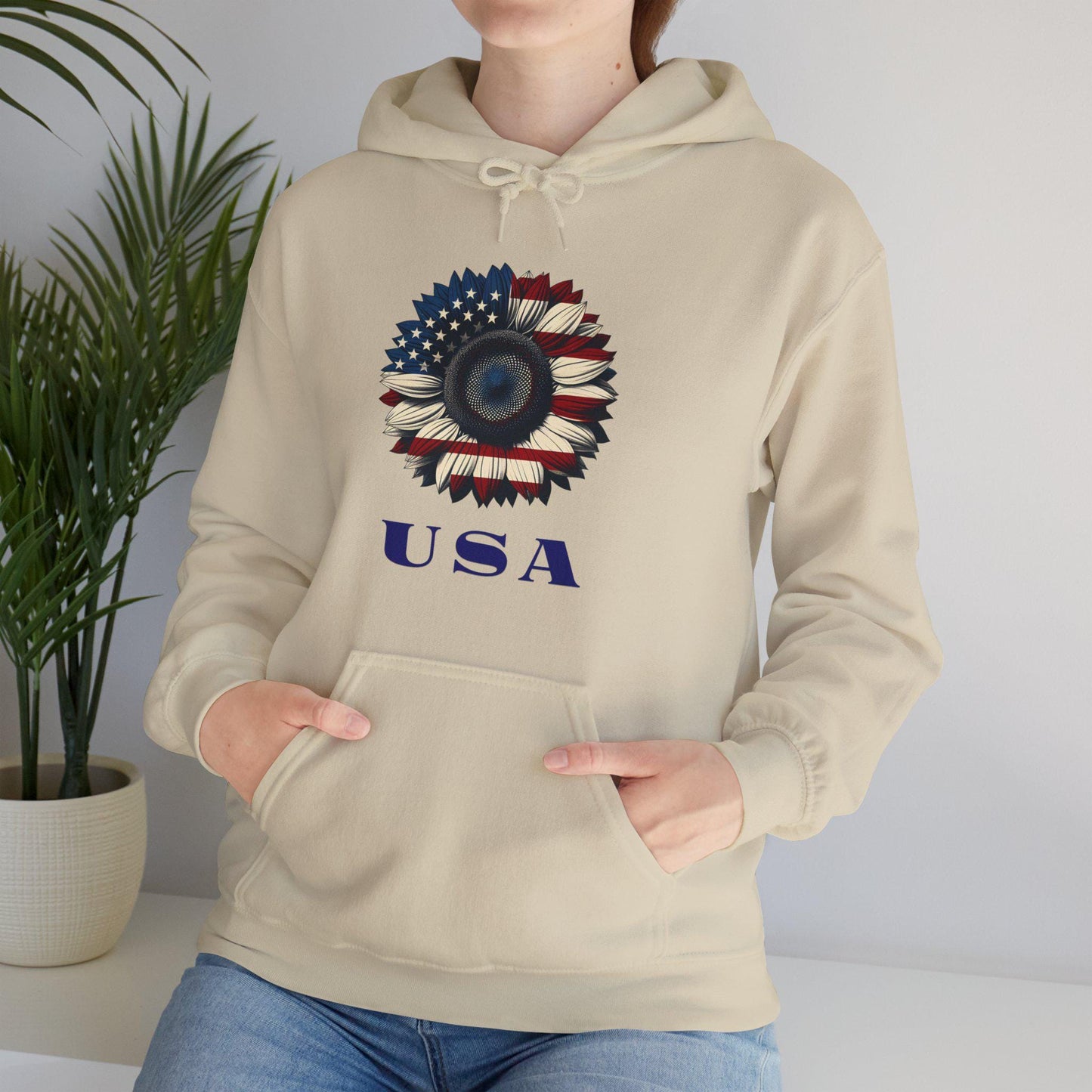 Patriotic USA Hoodie, Unisex Heavy Blend™ Sweatshirt, American Flag Apparel, 4th of July Gift, Cozy Casual Wear Sunflower Hoodie