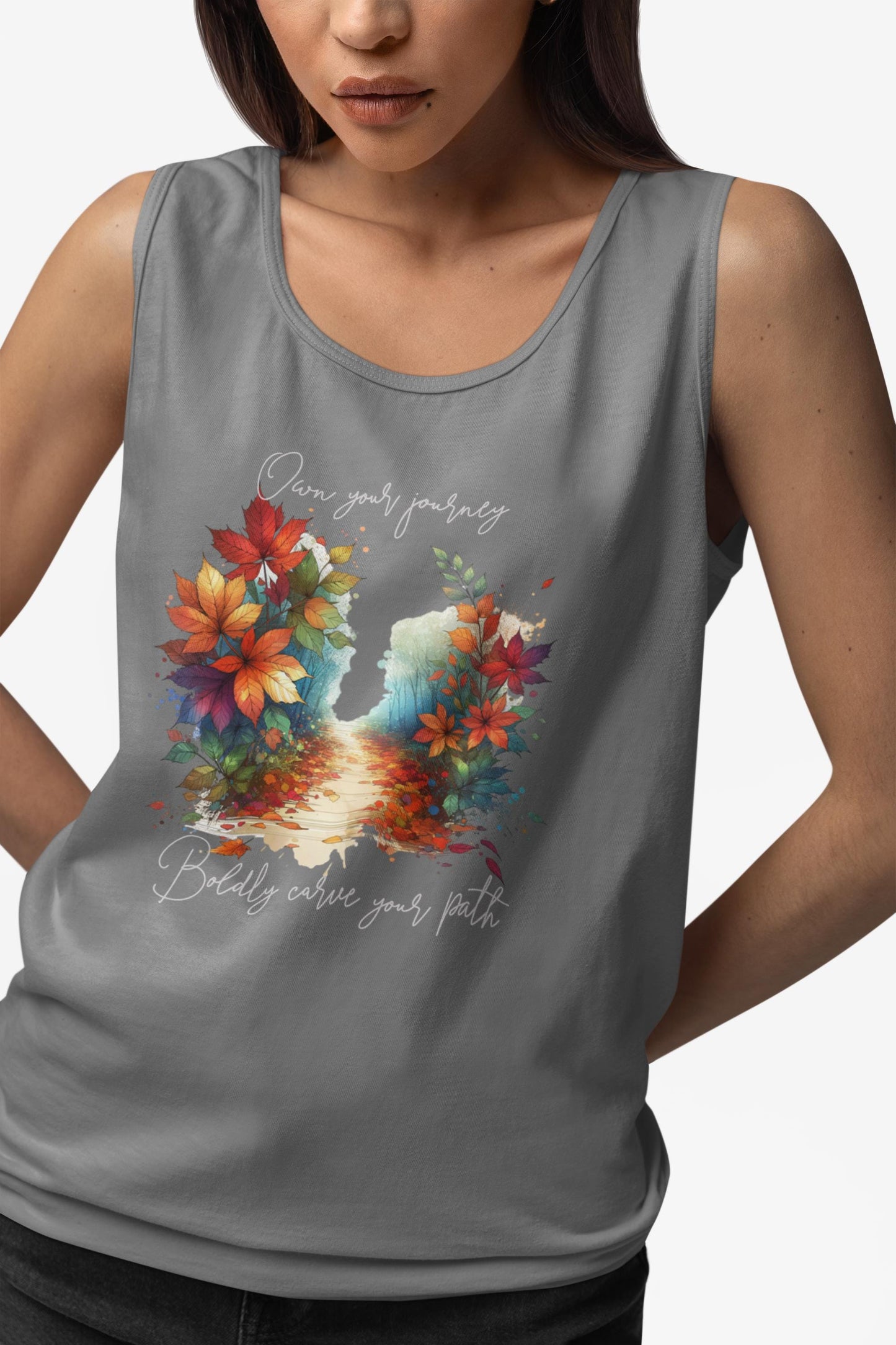 Colorful Autumn Tank Top, Own Your Journey & Boldly Carve Your Path Top, Nature Vibe, Inspiring Boho Casual Wear Top, Comfort Colors