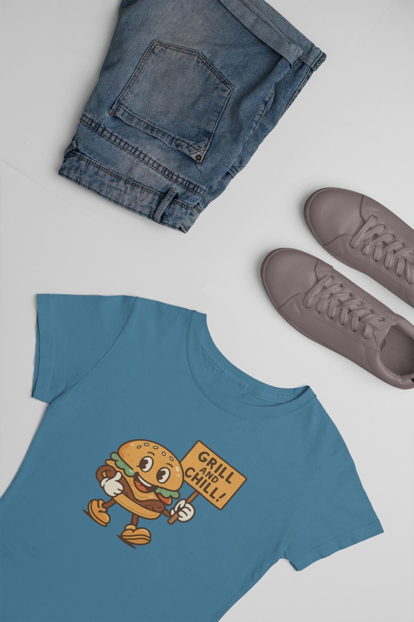 Kids Burger Grill & Chill TShirt, Fun Summer Tee, Party Apparel, Cartoon Graphic Kids Tee, Fun Gift for Little Chefs, Back to School Apparel