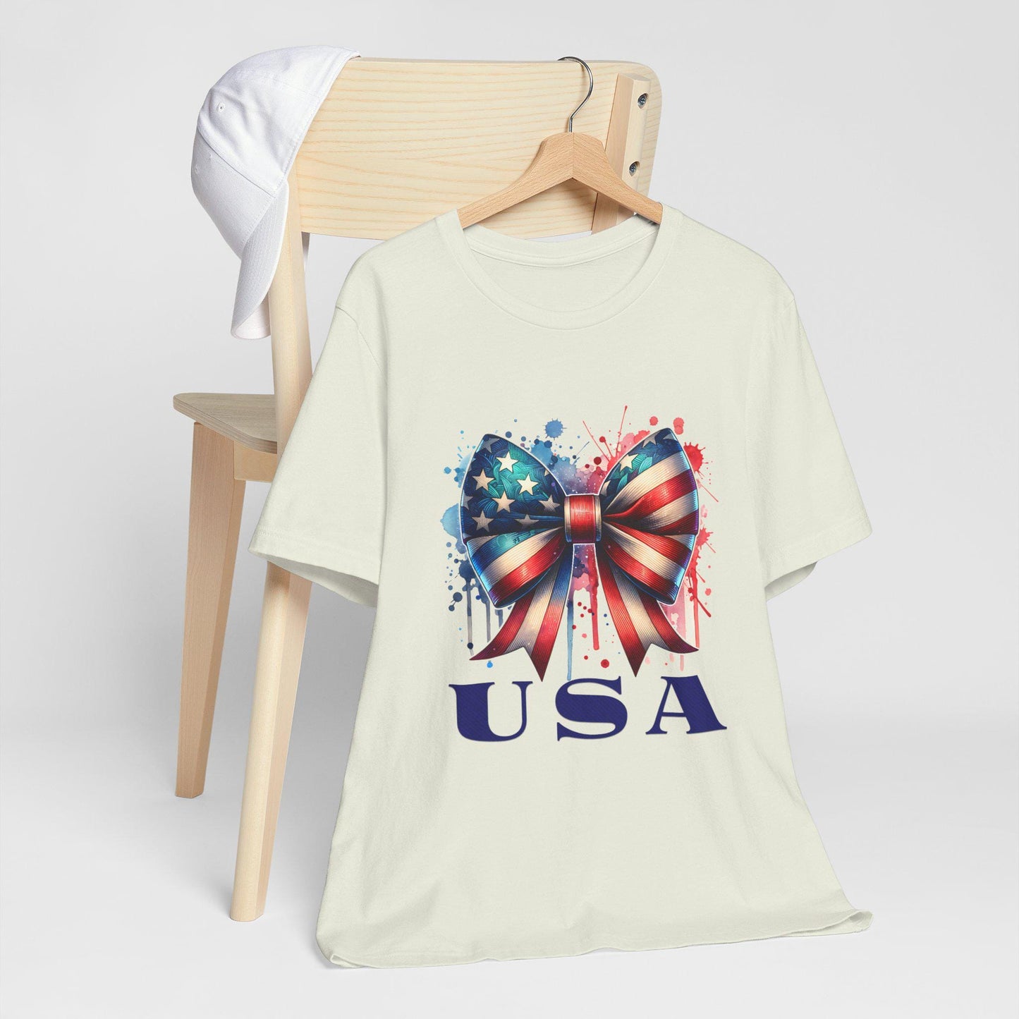 Patriotic Bow Tee, USA Pride Shirt, Fourth of July Apparel, Casual Summer Top, Independence Day Gift, Unisex Graphic Tee