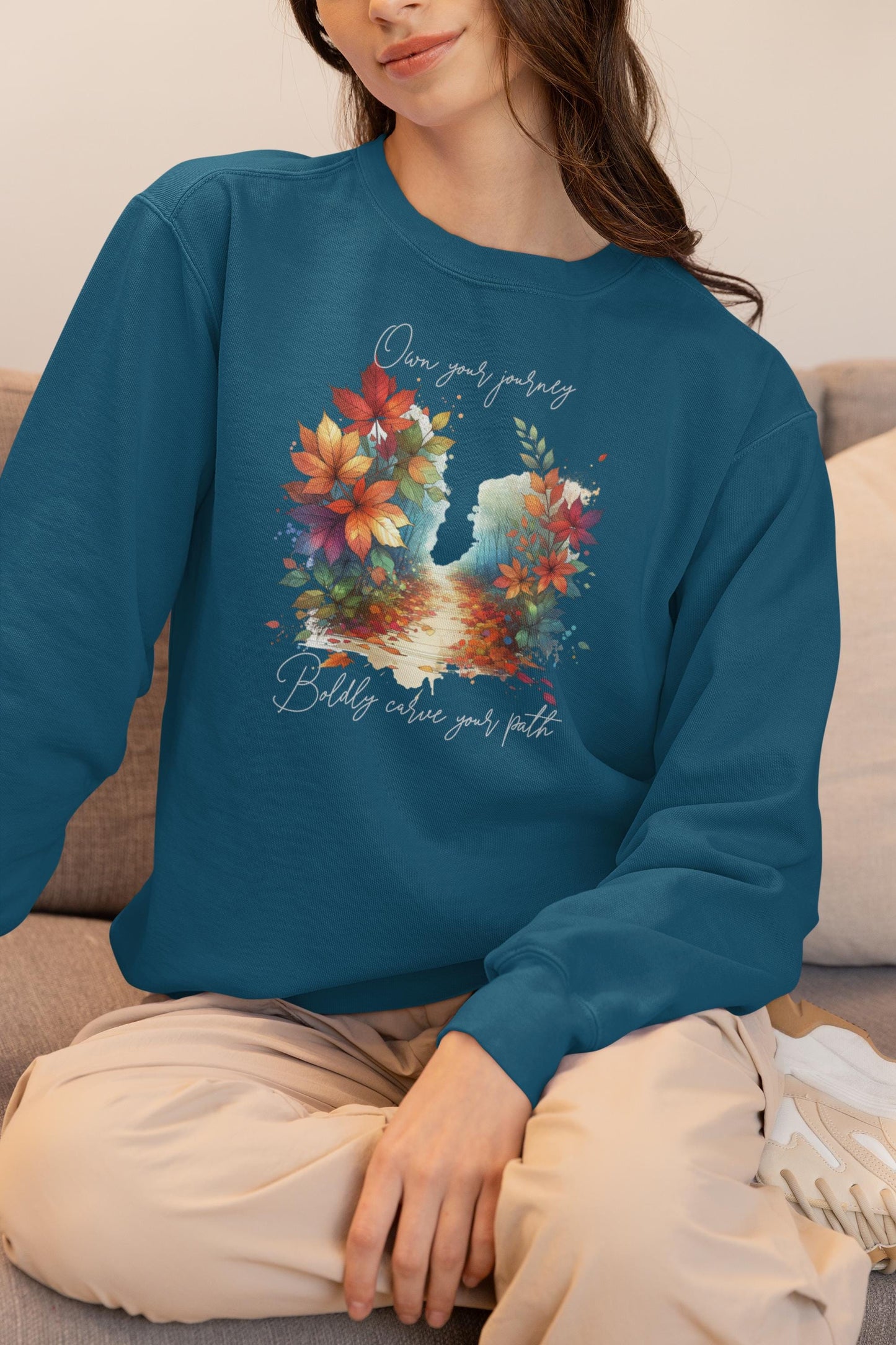 Colorful Autumn Sweatshirt, Own Your Journey & Boldly Carve Your Path Top, Nature Vibe, Inspiring Boho Casual Wear Top, Comfort Colors