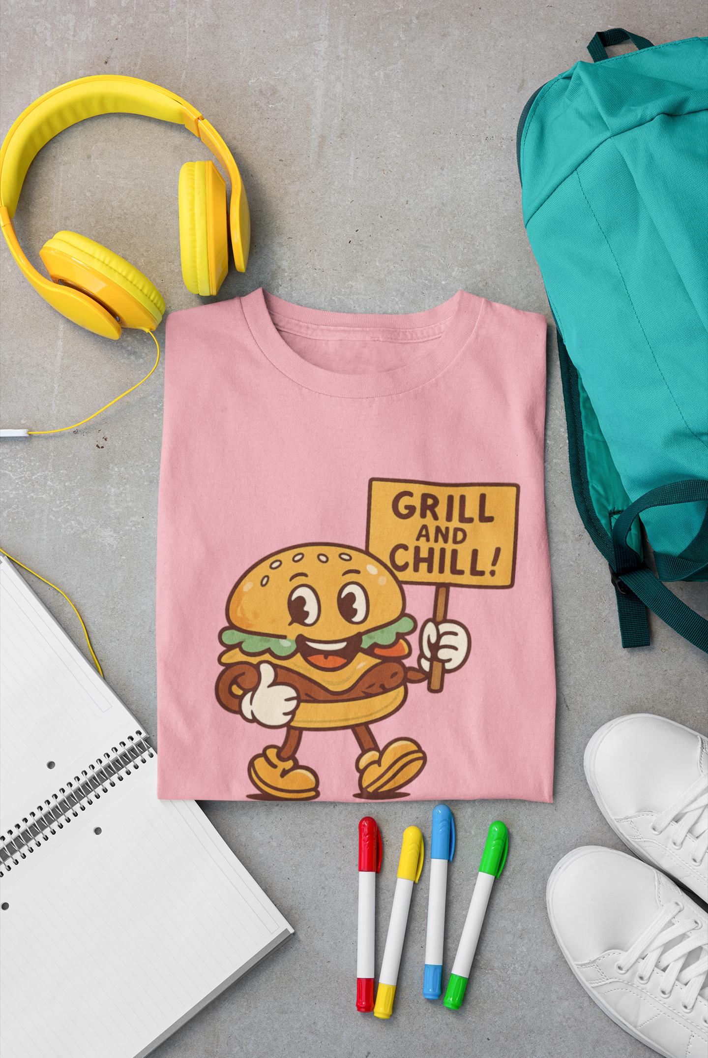 Kids Burger Grill & Chill TShirt, Fun Summer Tee, Party Apparel, Cartoon Graphic Kids Tee, Fun Gift for Little Chefs, Back to School Apparel