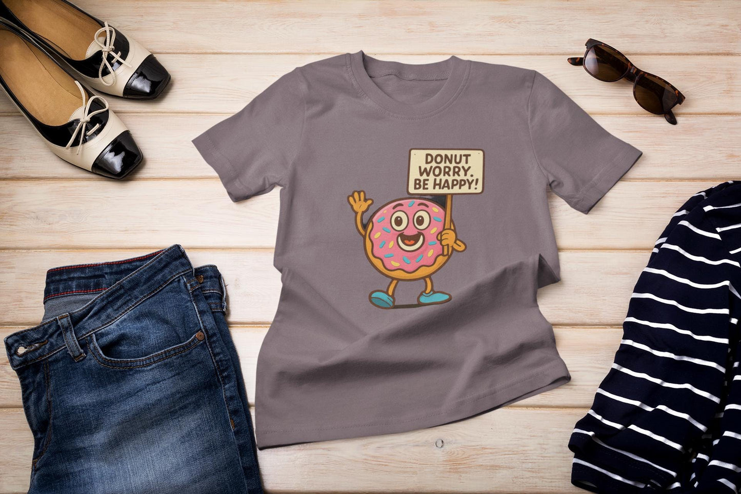 Donut Worry Be Happy T-Shirt - Fun and Inspirational Graphic Tee for Food Lovers, Perfect for Gifts, Casual Wear, Birthday, and Celebrations